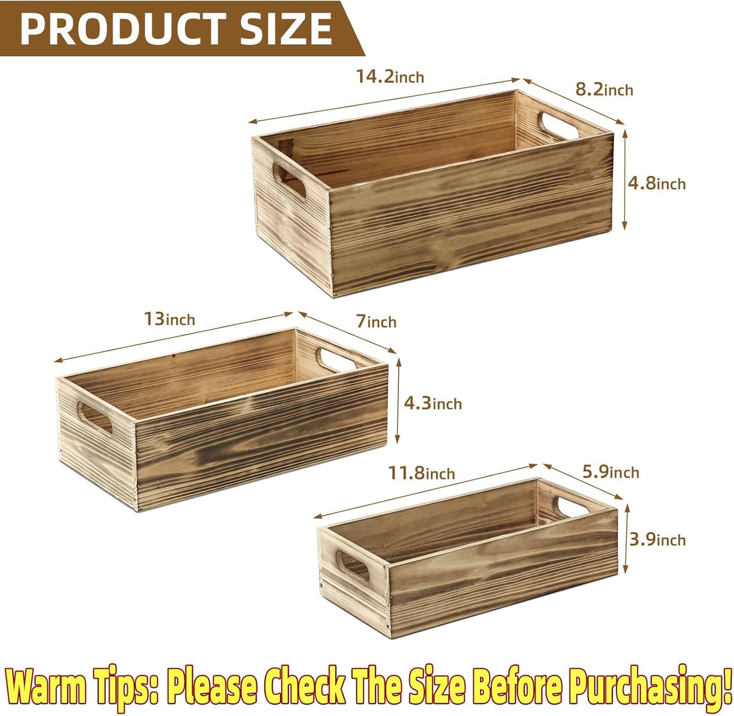 Wooden Boxes, Large Wooden Crates Set of 3 Vintage Torched Brown Wood Storage Crates for Display Home Party Office Bedroom Kitchen Closet