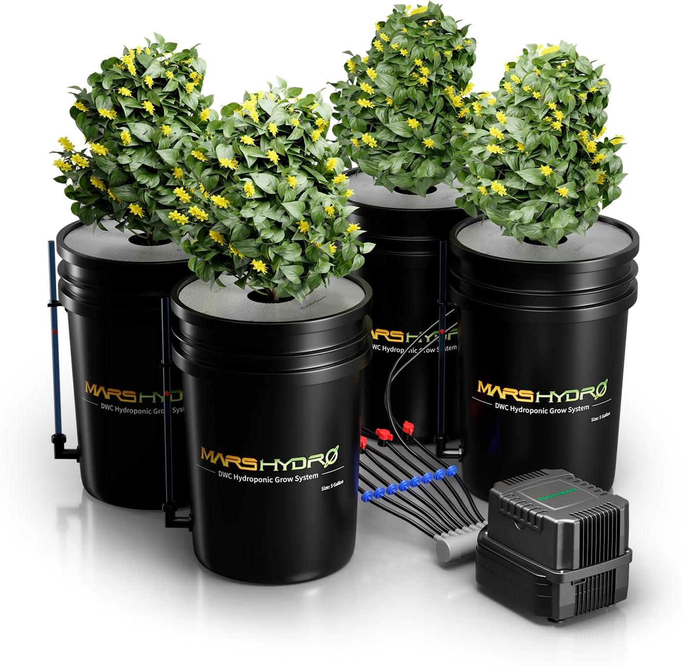 MARS HYDRO DWC Hydroponics Grow System 5 Gallon Deep Water Culture with Recirculating Drip Garden System 11W Air Pump, Multi-Purpose Air Hose, Air Stone, 4 Buckets and Top Drip Kit