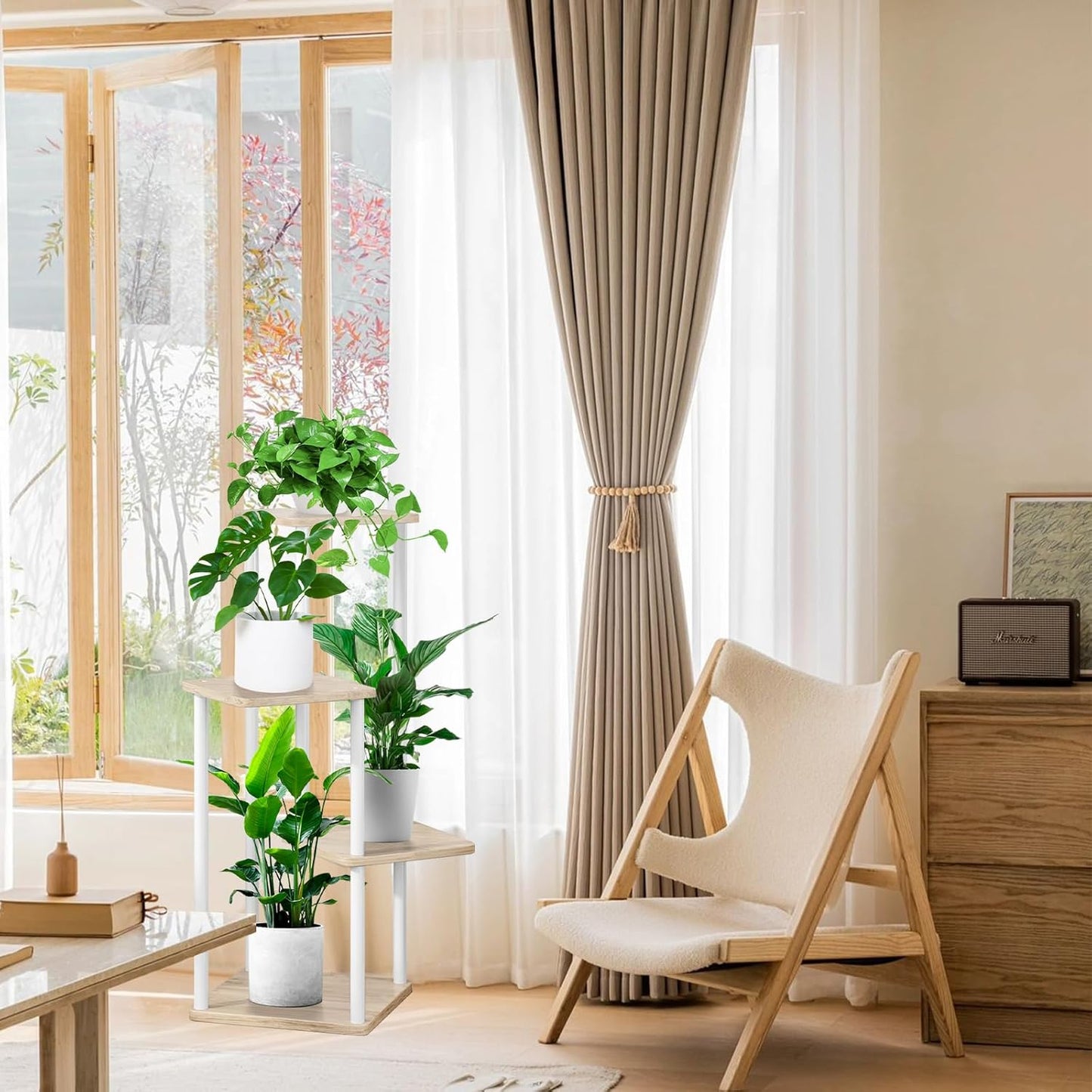 4 Tier Indoor Plant Stand Flower Shelf for Multiple Plants Corner, Tall Flower Holders for Patio Garden Living Room Balcony Bedroom(White Oak)