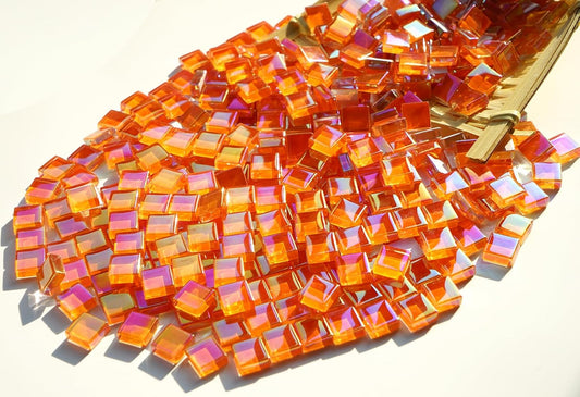 0.66lbs Iridescent Mosaic Tiles for Crafts, Bright Orange Glass Tiles for Creative Mosaic Projects, 3/8" Square Stained Glass Pieces Ideal for DIY Home Mosaic Decorations