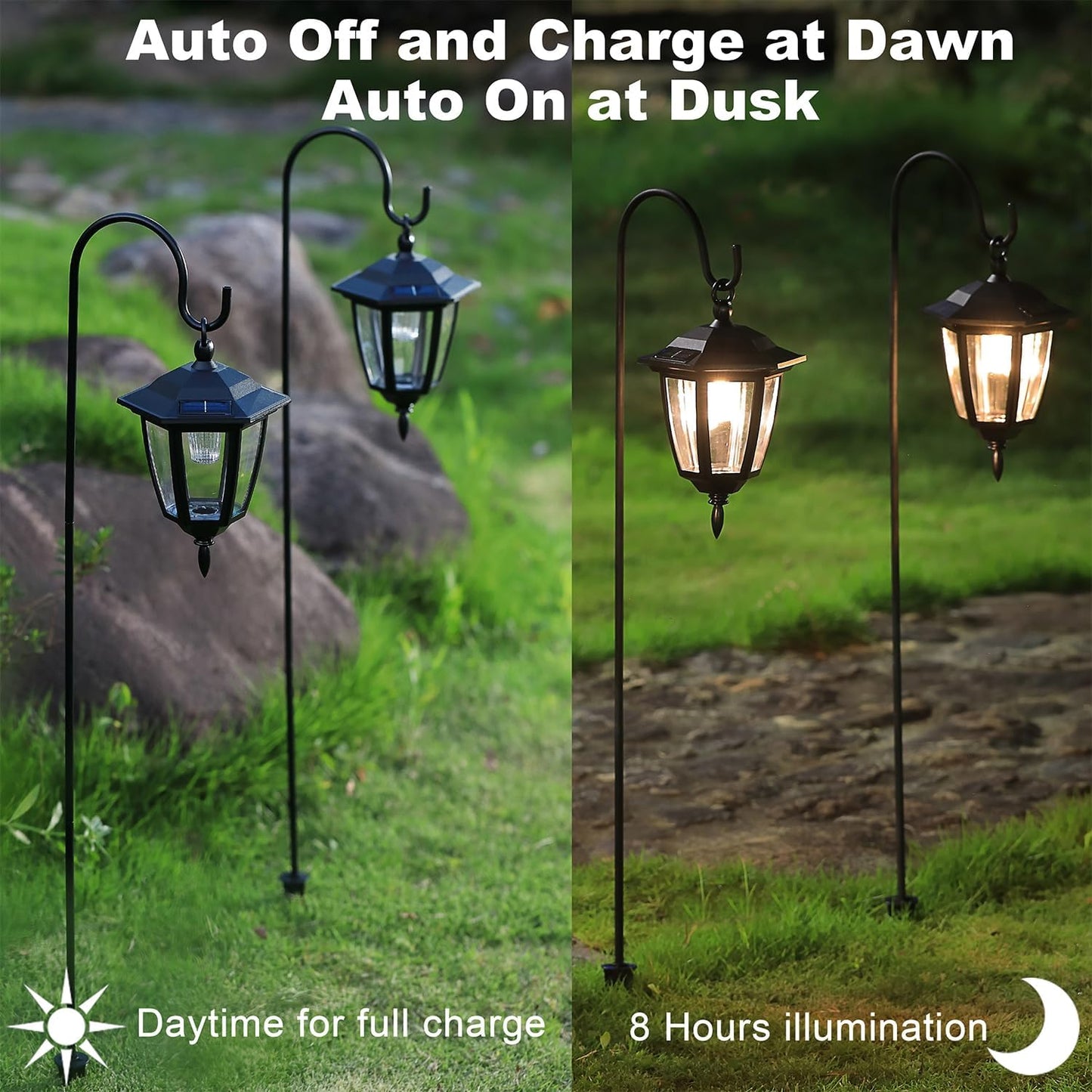 Dynaming 2 Pack Solar Hanging Lights Outdoor, Solar Powered Garden Decorative Lanterns with 2 x 38 Inch Shepherd Hooks, Waterproof Landscape Lighting for Lawn Patio Yard Pathway Driveway, Warm White