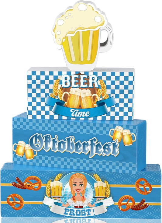 Yalikop 4 Pcs Oktoberfest Table Decorations Wooden Oktoberfest Tiered Tray Decorations October Festival Wooden Block Centerpieces for Tables for Home Shelf