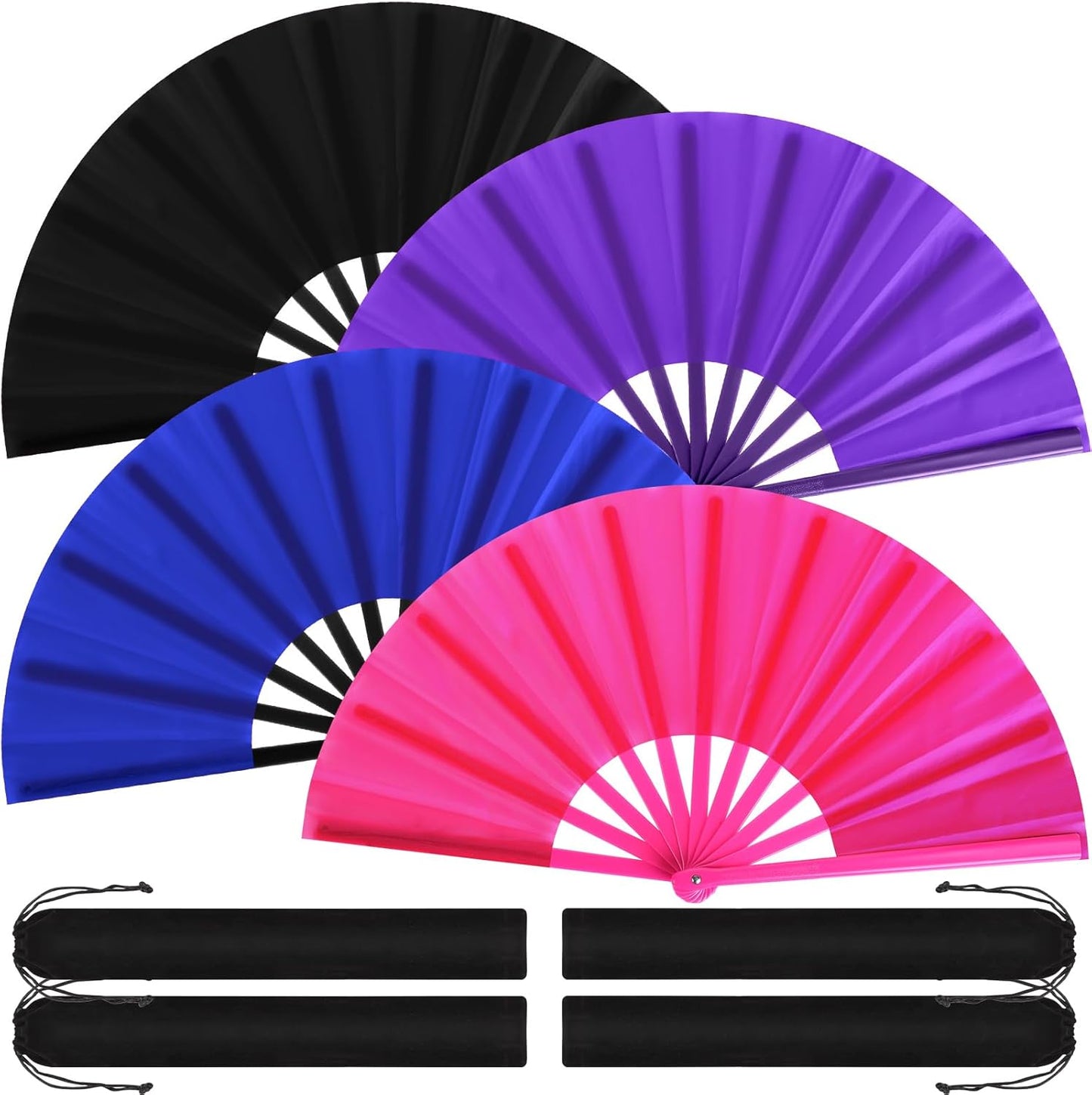 Blulu 4 Pcs 13 Inch Large Folding Hand Fans for Line Dancing Big Clapping Popping Raves Fans Bulk for Dancing Boots on The Ground Festival Party Decoration(Classic Style, Black, Purple, Pink, Blue)