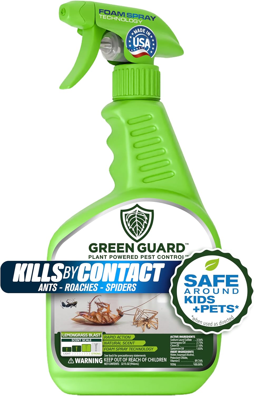 Green Guard Pest Control Spray - Indoor & Outdoor Killer of Ants, Roaches, Spiders & Other Crawling Insects, Safe Around Children & Pets, Plant-Based, Pleasant Scent (Lemongrass Blast, 32 oz)