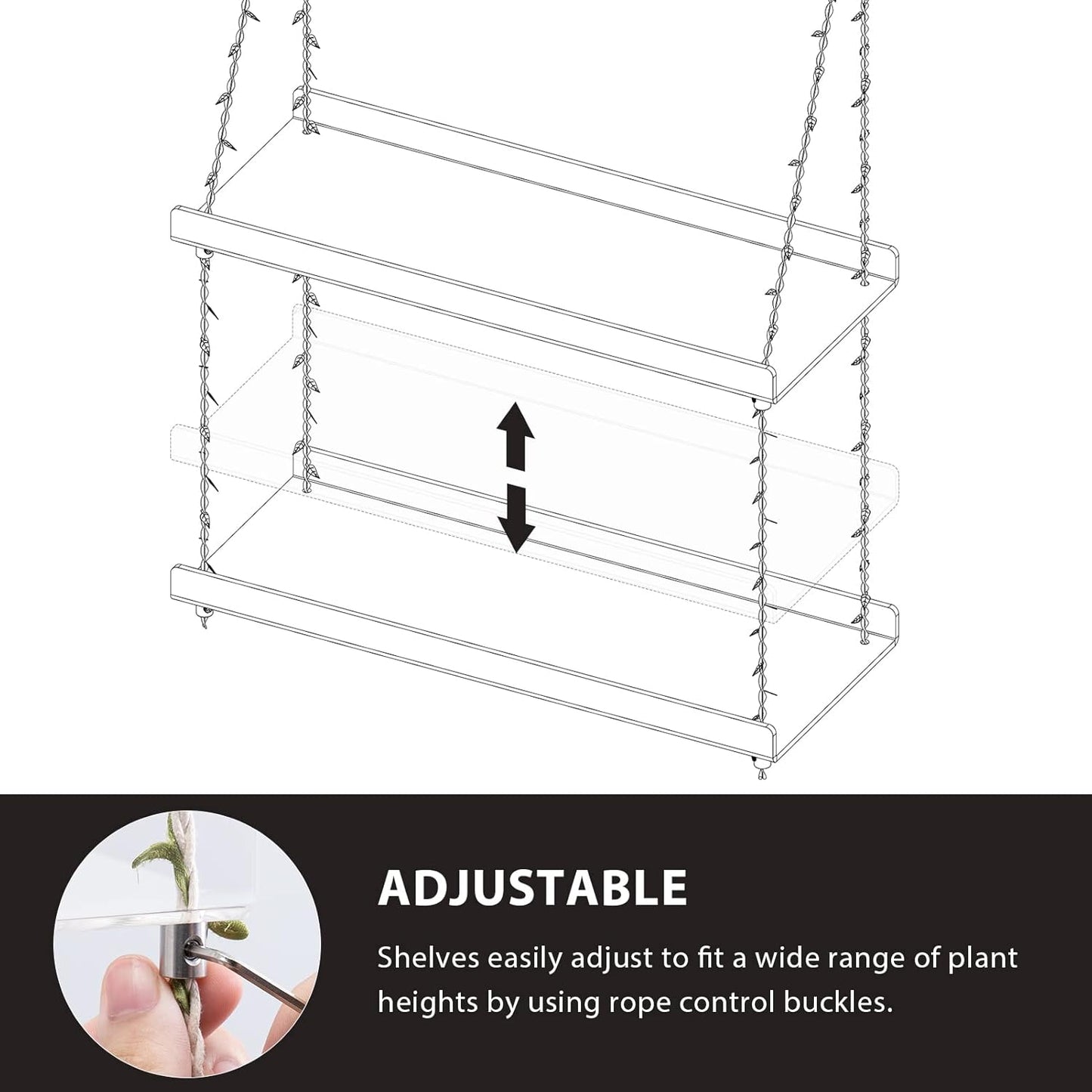 Sumerflos Acrylic Window Boxes Window Plant Shelves 2 Tier - Clear Hanging Shelf Indoor Jute Twine Adjustable Plant Holder for Window Wall Living Room Balcony Natural