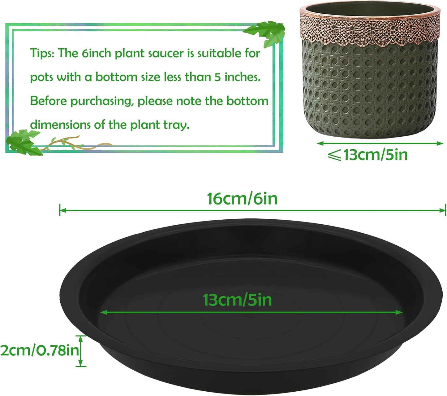 6 Pack 6 Inch Round Plant Saucers for Less 5 Inch Pot Indoors Outdoors Plant Trays for Pots Planter Saucer Plastic Plant Drip Tray Flower Planter Water Tray for Potted Plant(Black, 6"(6pcs))