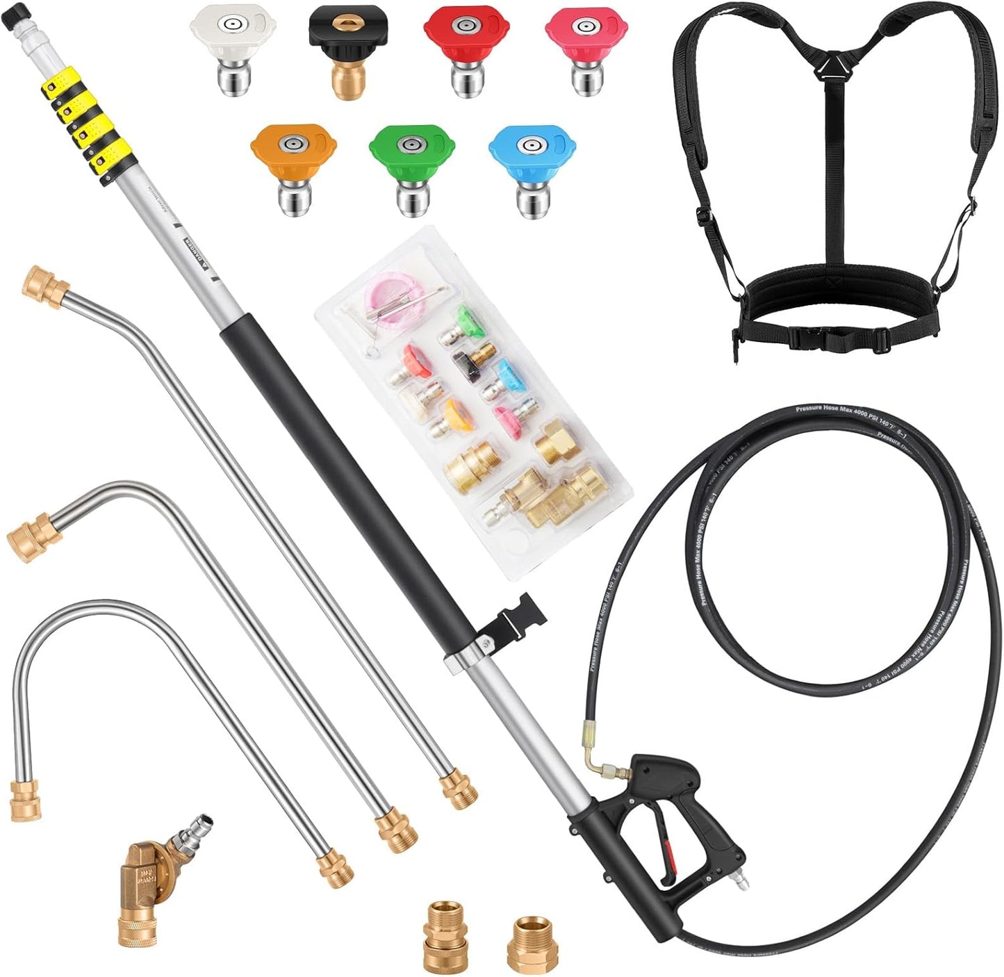 24 FT Telescoping Pressure Washer Wand Extension, Aluminum Power Washer Extension Wand with 7 Nozzle Tips, 3 Adapters & Support Harness, Gutter Cleaning Tools for 2 Story House
