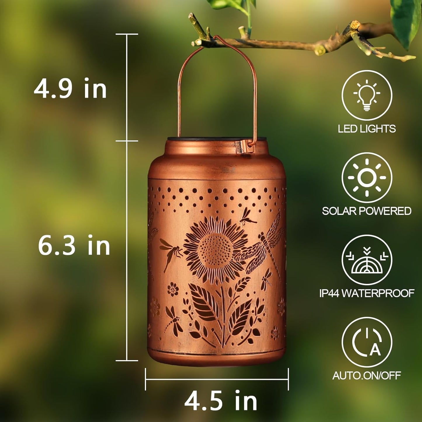 Solar Lanterns Outdoor Waterproof Hummingbird Garden Decor Christmas Gifts for Women Mom Grandma Hanging Lights Metal Decoration Outside for Yard, Patio,Backyard,Porch(Dragonfly and Sunflower)