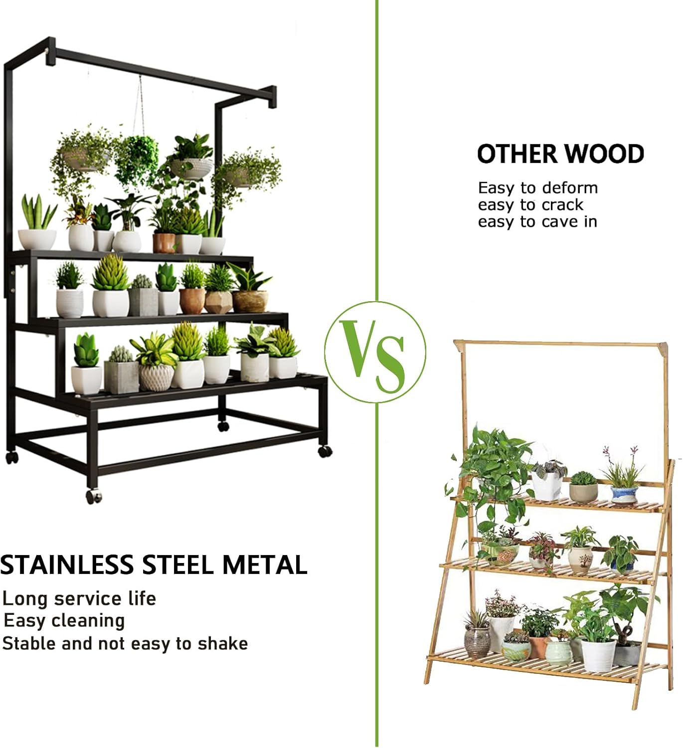 3 Tier Large Metal Plant Stand, with Hanging Tall Plant pot shelf, with Rollers Heavy Duty Plant Holder, for Home/Garden/living room/balcony (BLACK, 31.5IN)