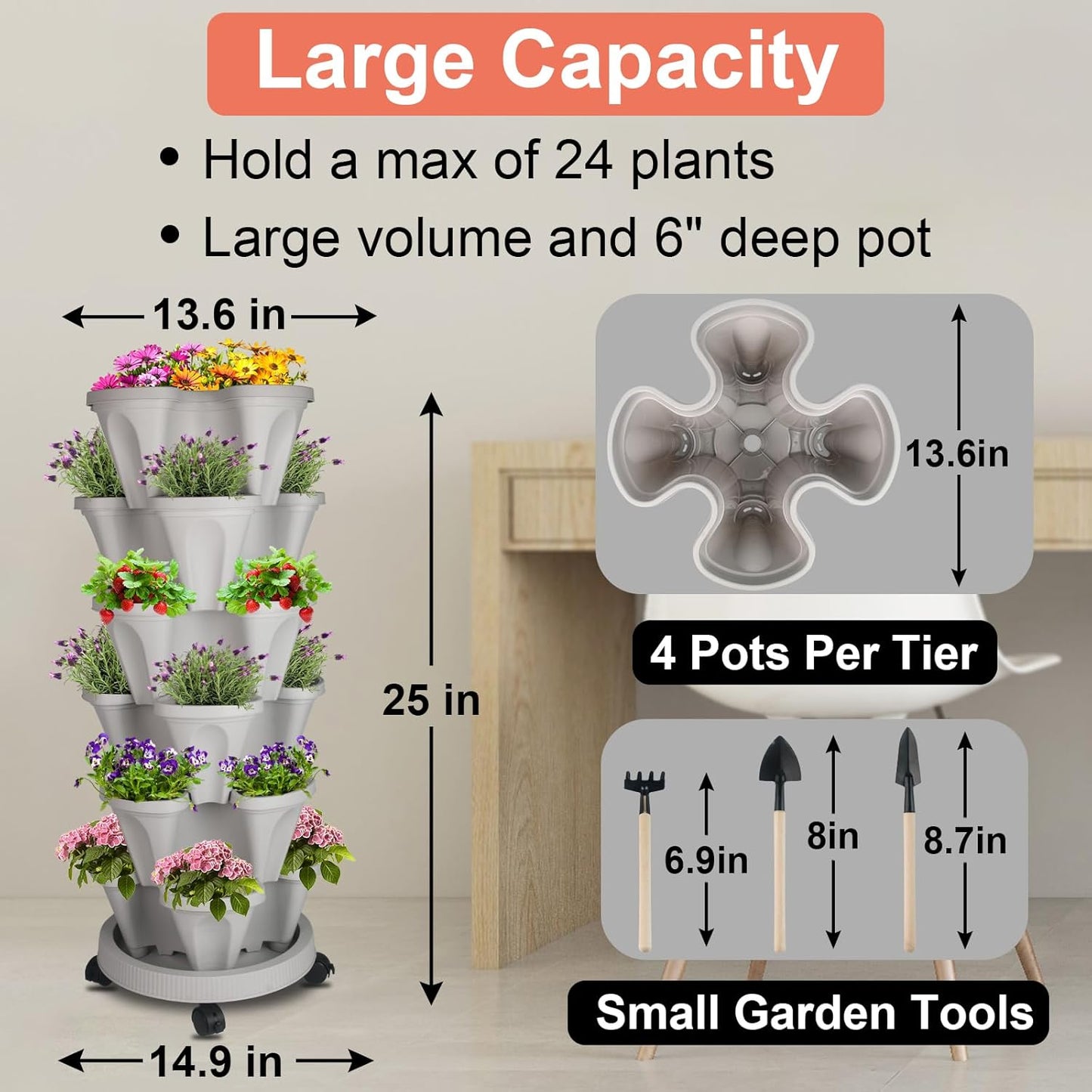 Vertical Planter 6 Tier Stackable Planters Garden Planters Strawberry Herb Flower and Vegetable Planter Indoor Outdoor Gardening Pots with Removable Wheels and Tools