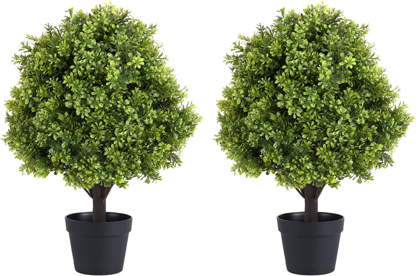THE BLOOM TIMES 2ft Faux Boxwood Plants Outdoor Set of 2, Topiary Balls Artificial Outside Trees, 24" UV Resistant Fake Greenery Bushes & Shrubs for Front Porch Planter