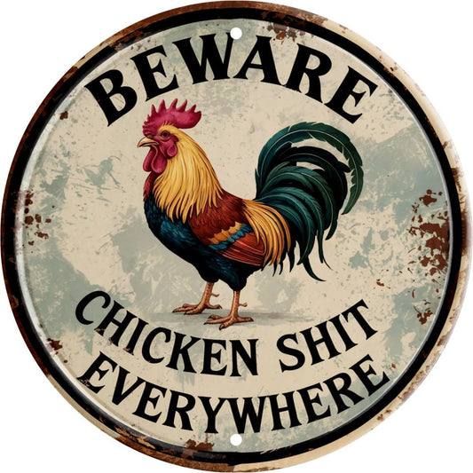 Chicken Decor Vintage Beware Chicken Shit Everywhere Rooster Wall Art Rustic Farmhouse Decor for Restaurants & Home Wall Mounted Vintage 8x8 In