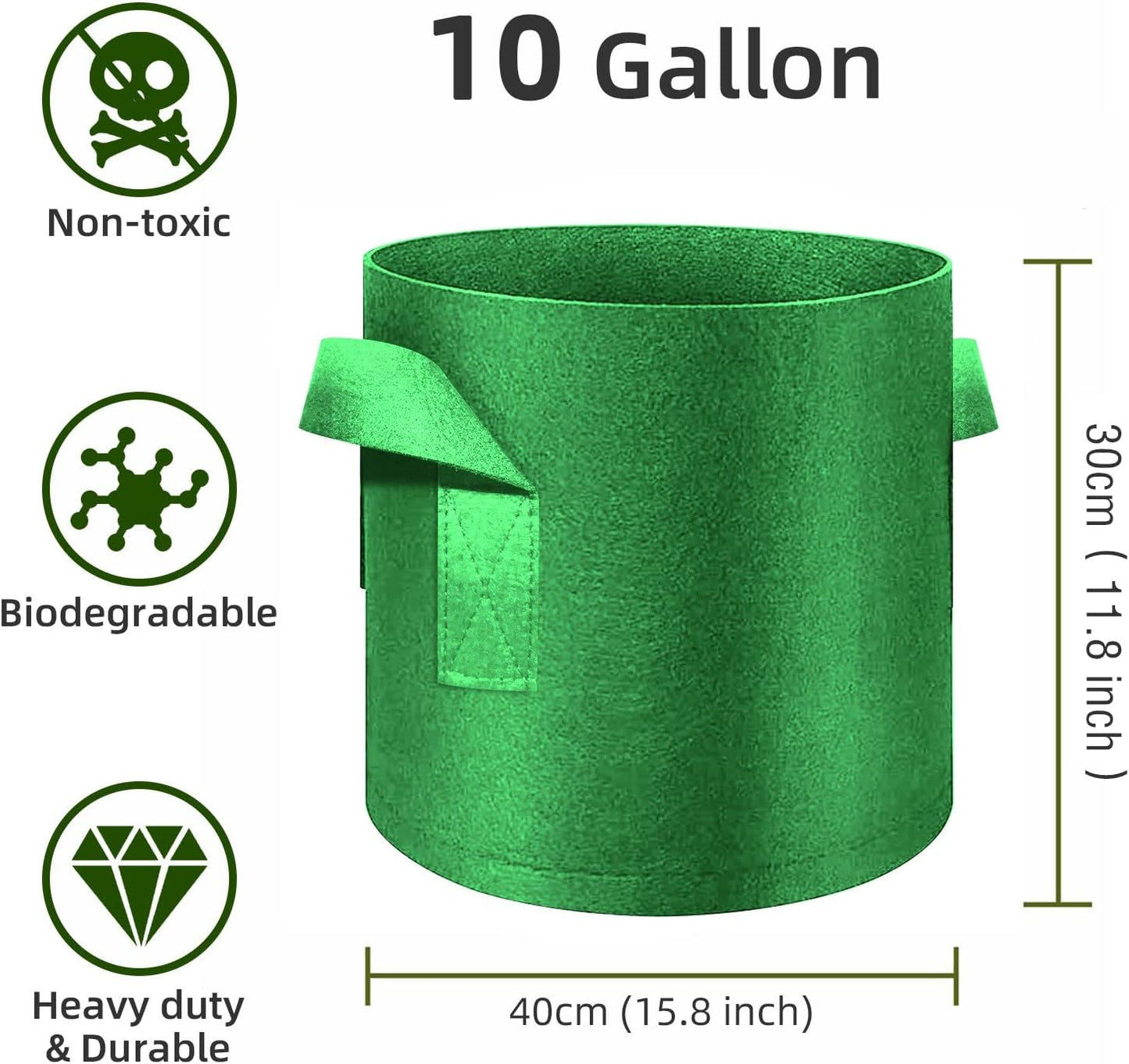 12-Pack 10 Gallon Plant Grow Bags, Thickened Nonwoven Fabric Pots with Handles, Vegetable Planter Bags Containers, Cloth Planters for Garden Vegetable/Flower/Plant/Fruits Outdoor (Green)