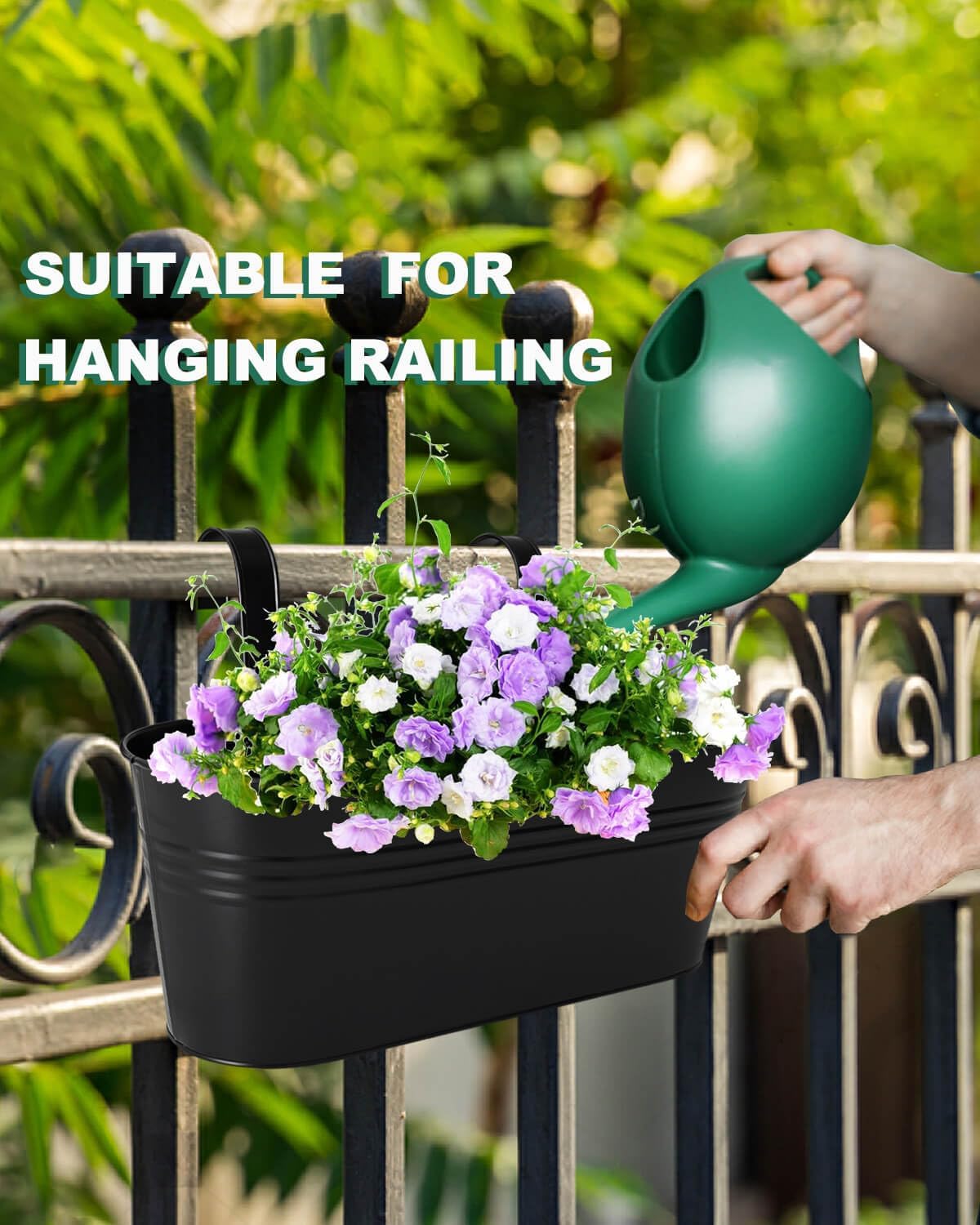 vensovo 16 Inch Railing Planter for Outdoor Plants - 5 Pack Large Metal Balcony Hanging Planters with Detachable Hooks and Drain Holes Oval Box Rail Pots for Home Garden Fence, Black