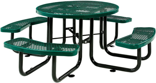 Global Industrial 46" Round Picnic Table, Expanded Metal, Green Thermoplastic Coating, Attached Benches, 1-1/2” Umbrella Pole Hole, Outdoor-Rated, 1000 lb Capacity