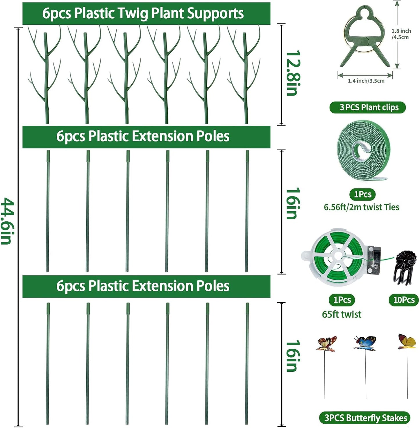 6 Pack Plant Support Plant Stakes for Indoor and Outdoor Plants, 44.8” Plant Sticks with Plant Clips Twist Tiers and Plant Tiers for House Potted Plants, Monstera Plant Support for Climbing Plants