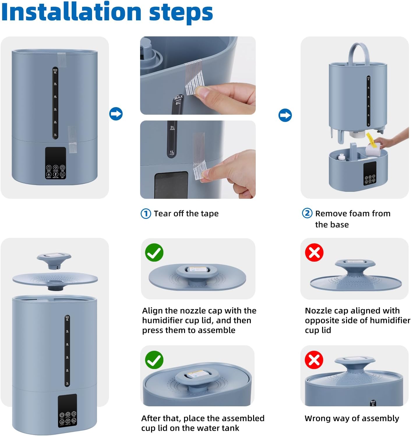6L Humidifiers for Bedroom Large Room Home, Cool and Warm Humidifiers for Baby and Plants Mist Top Fill Desk Humidifiers Essential Oil Diffuser, Quiet with Adjustable Mist,360°Nozzle-Blue