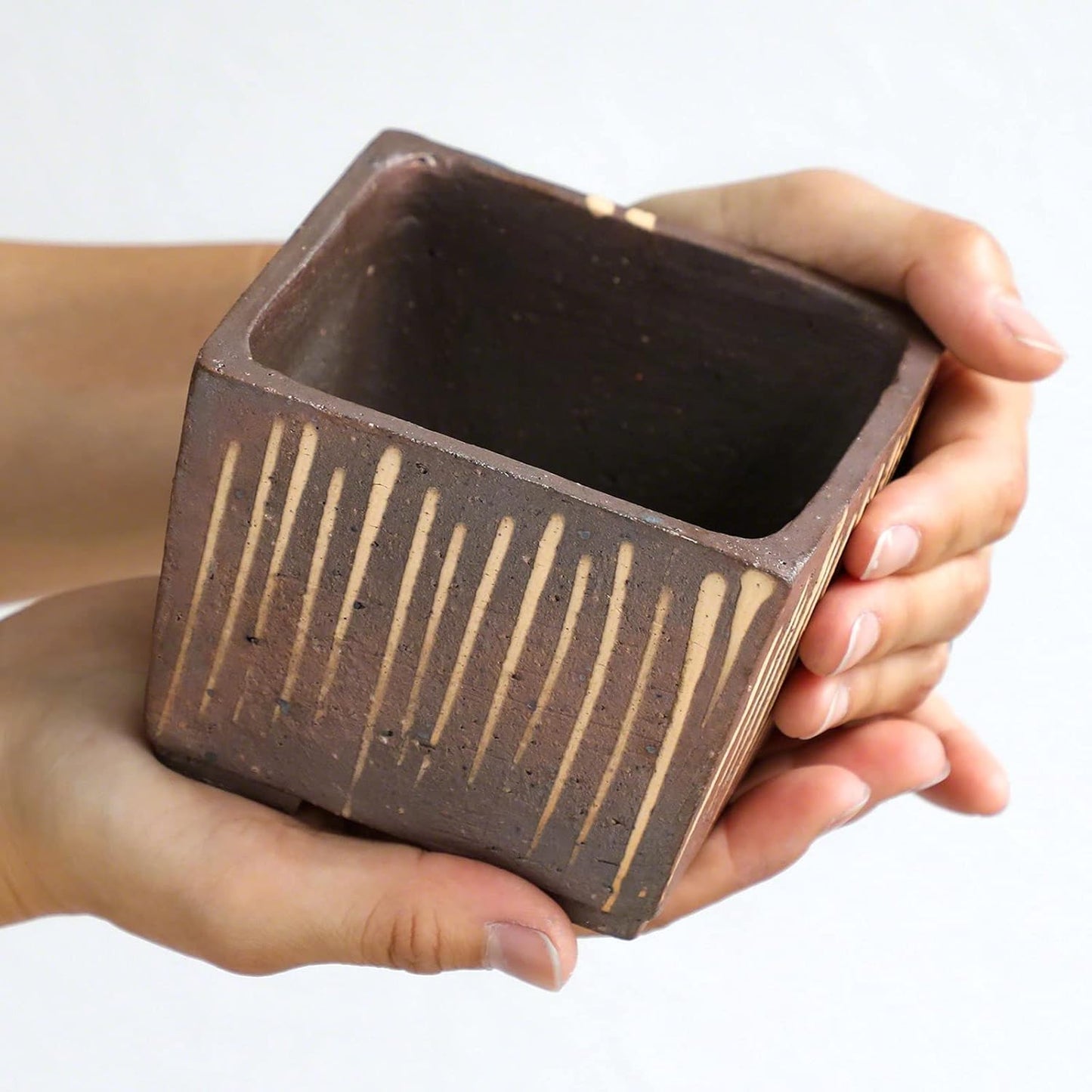 Wazakura Tokoname Series Small Handmade Striped Square Bonsai Pot with Drainage Hole 4.1in (105mm) Made in Japan, Ceramic Training Starter Container, Decorative Flower Planter - Brown