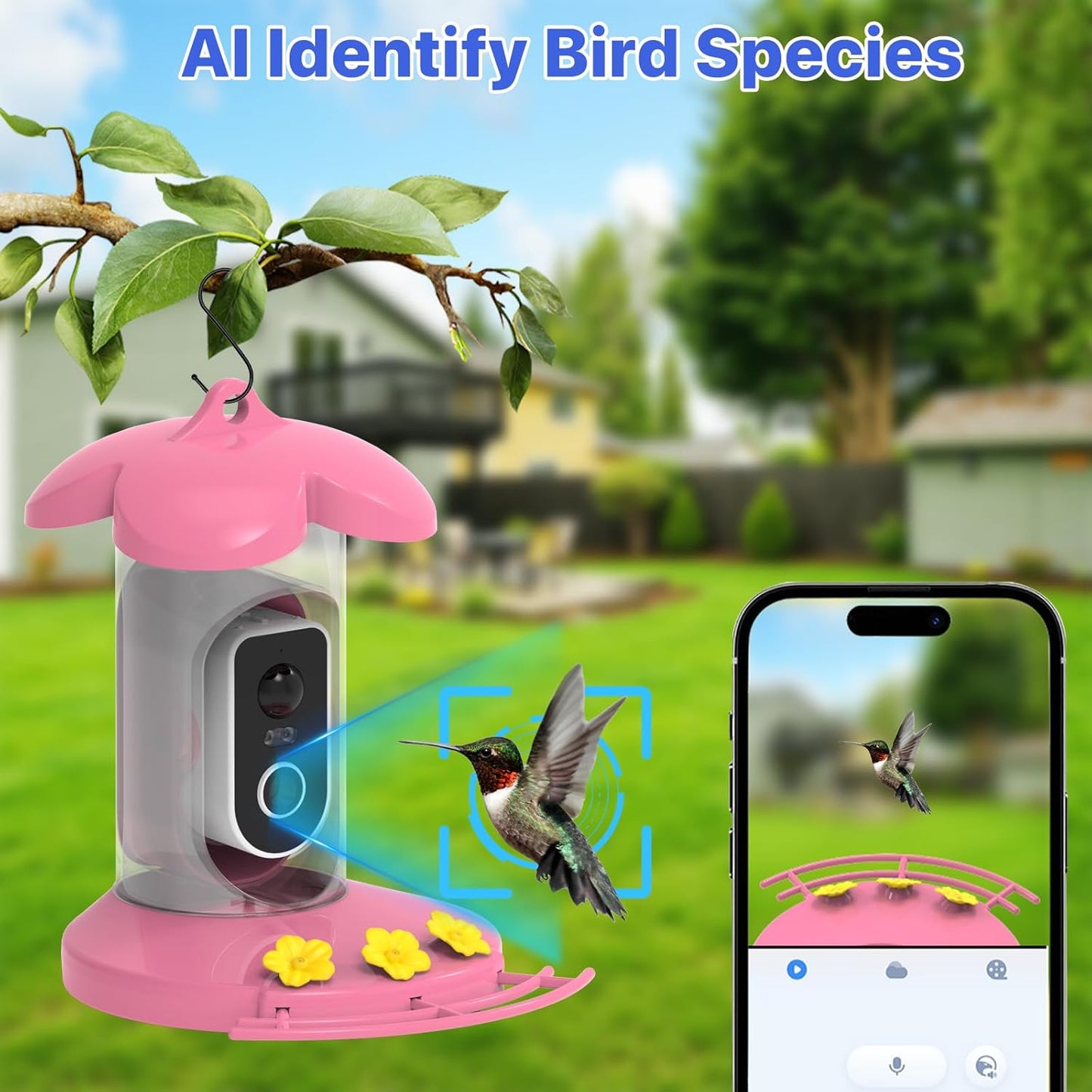Hummingbird Feeder with Camera for Outdoor - 2K QHD Video, Instant Notifications & AI Bird Species, Ant Moat, Bee Proof, Motion Detection, 2.4G WiFi, Signal Booster, Gift for Bird Lovers Hot Pink