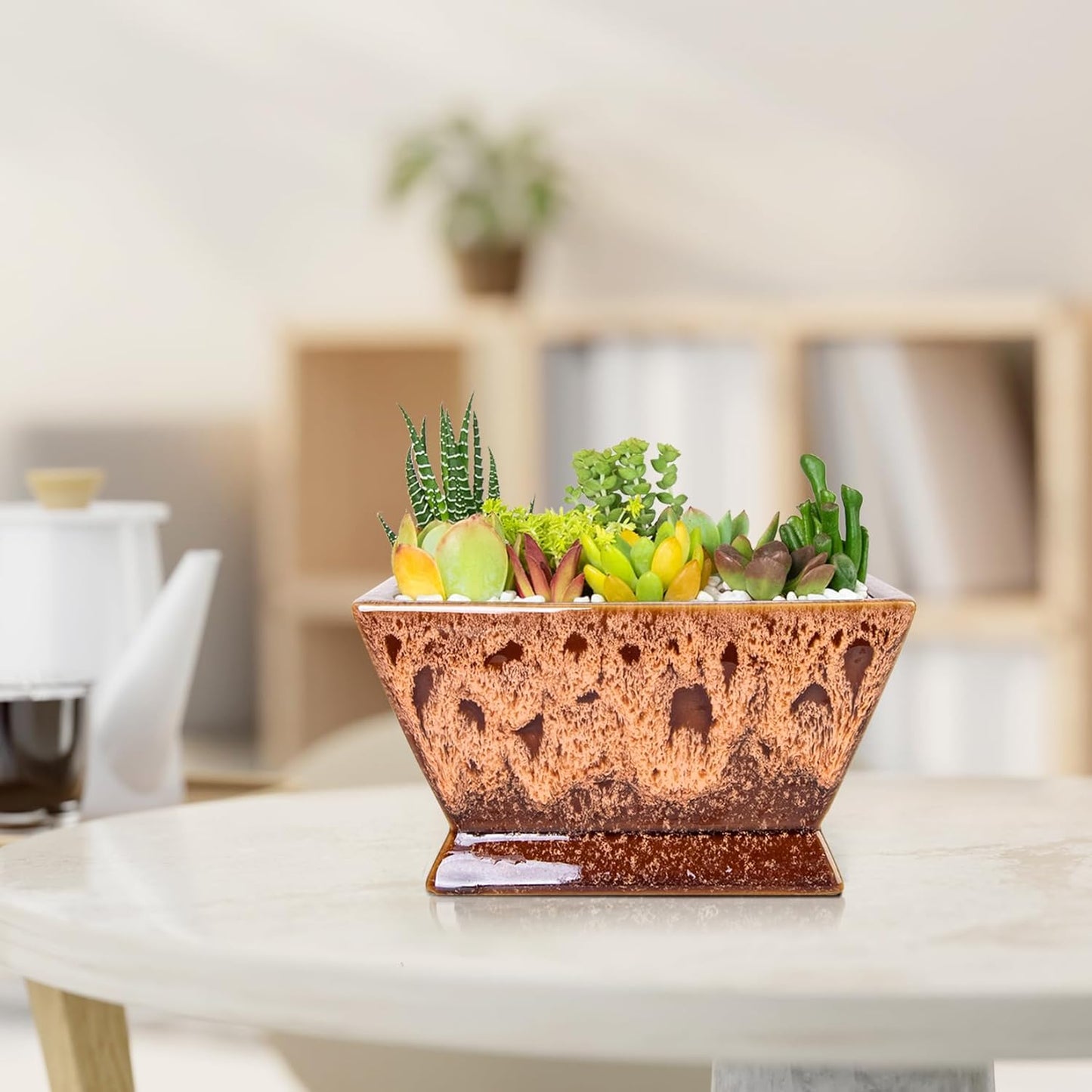 ARTKETTY Succulent Pots - 7 Inch Large Plant Pot with Drainage, Shallow Ceramic Bonsai Pots Succulent Planters for Indoor Outdoor Plants, Modern Cactus Planter Decorative Home Office