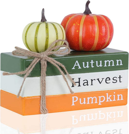 DECSPAS Fall Decorations for Home, Autumn Harvest Wooden Stacked Books Sign with Pumpkins & Bow for Fall Decor, Thanksgiving Tabletop decorations for Tiered Tray, Shelf, Table, Mantle, Fireplace