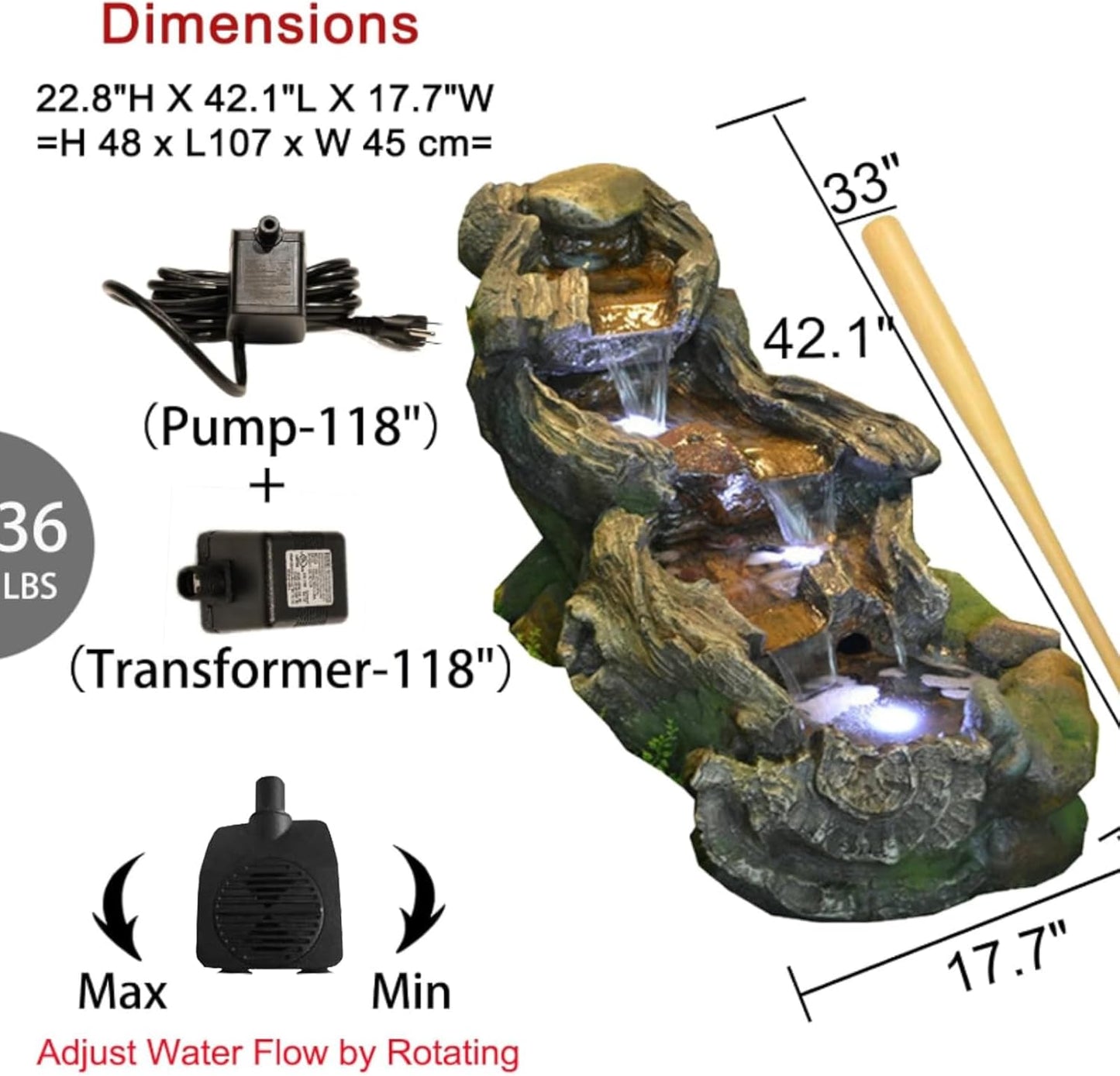42.1 Inches Garden Outdoor Water Fountain - Mutiply Tiered Cascading Fountains Outdoor Decor with LED Lights and Pumps for Garden, Patio, Porch, Backyard, Deck, Pond and Home Art Decor