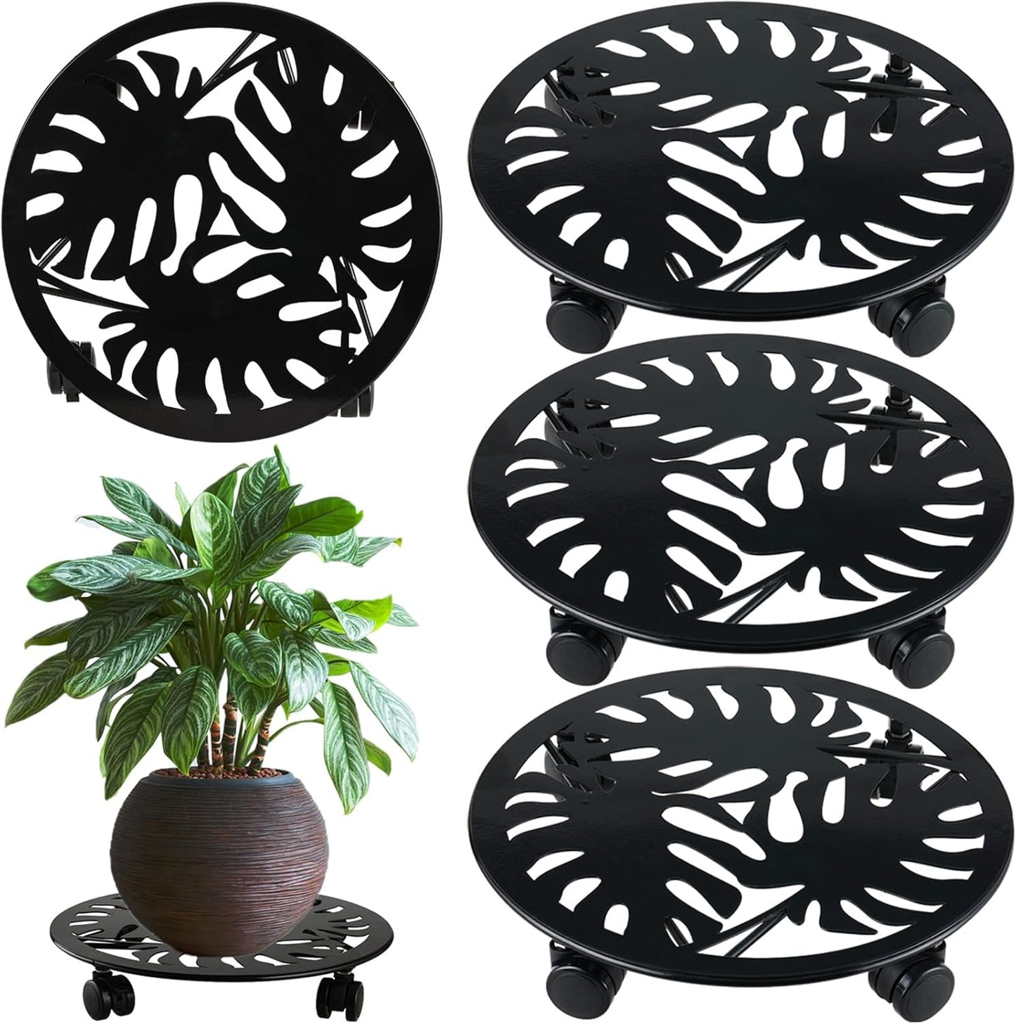 3 Packs Metal Plant Caddy with Wheels 13” Rolling Plant Stands Heavy-duty Wrought Iron Plant Roller Planter Movers Indoor Outdoor Wheeled Plant Dolly with Casters Tray Coaster, Black palm leaves