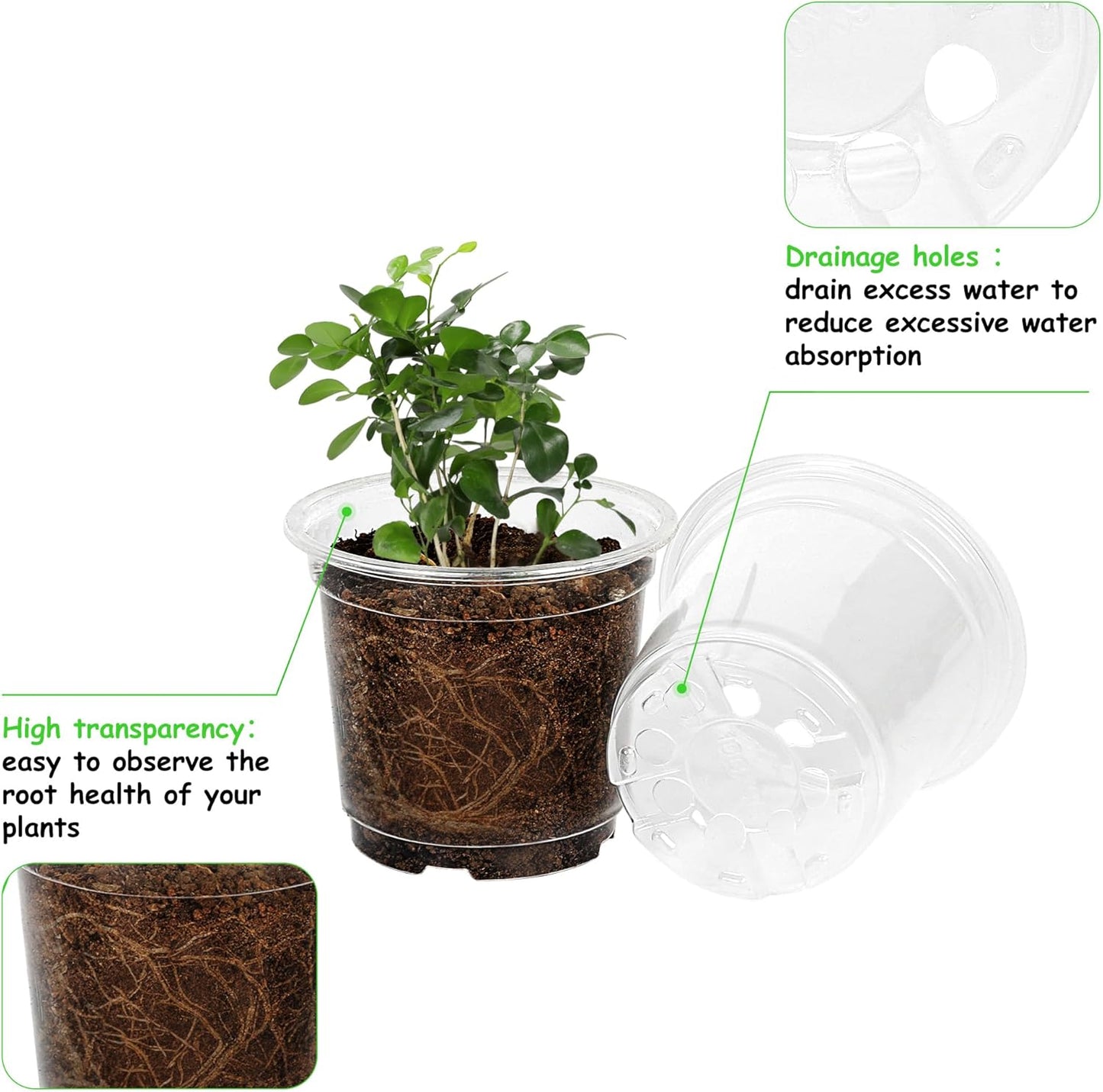 60 Pack 3.5/4/5 Inch Reinforced Clear Nursery Pots with Drainage Holes, Transparent Variety Pack Plastic Plant Pot Seed Starter Pots Flower Pots Come with 50pcs Plant Labels