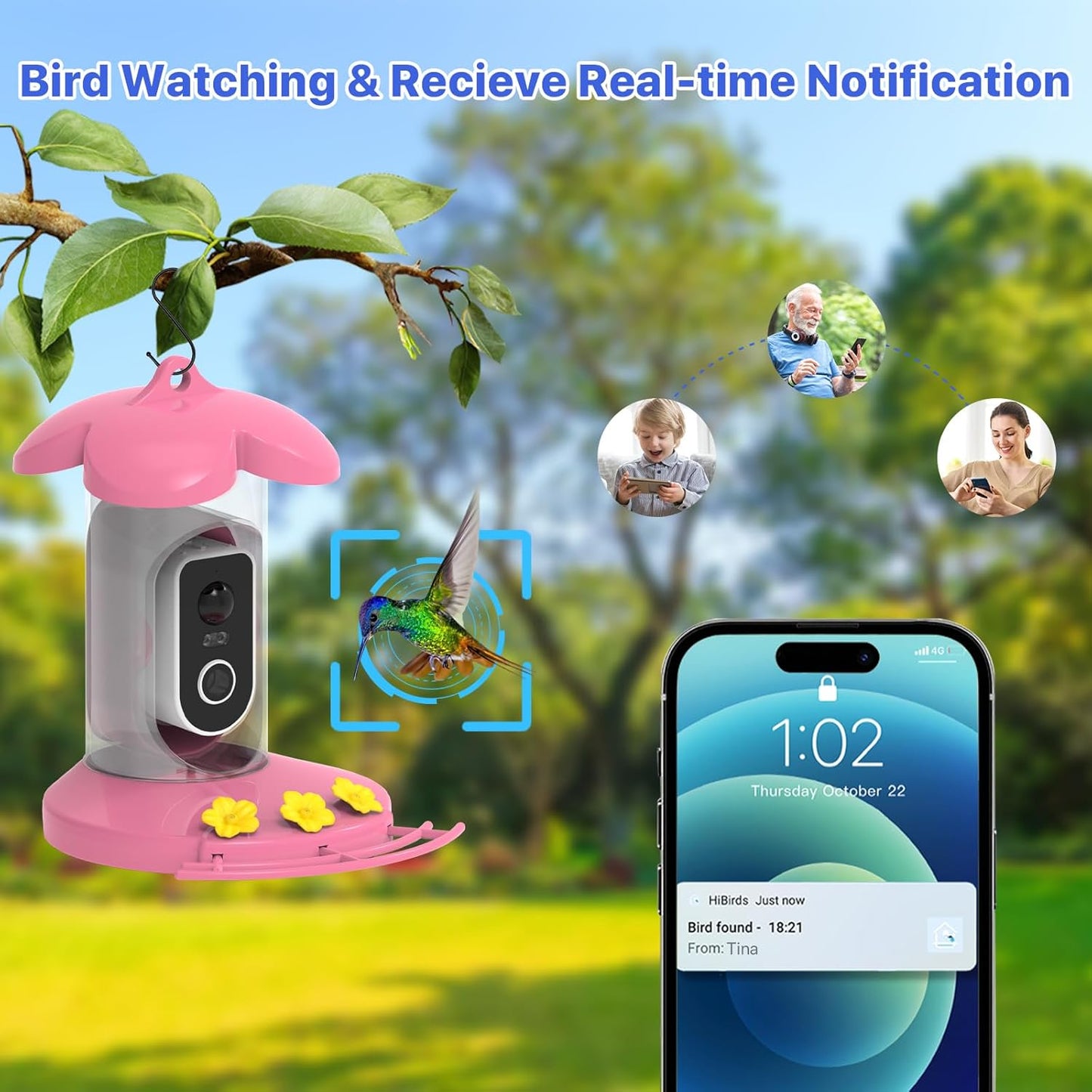 Hummingbird Feeder with Camera for Outdoor - 2K QHD Video, Instant Notifications & AI Bird Species, Ant Moat, Bee Proof, Motion Detection, 2.4G WiFi, Signal Booster, Gift for Bird Lovers Hot Pink