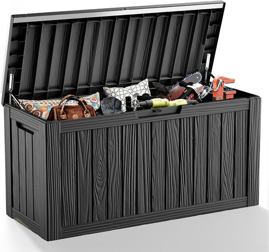 85 Gallon Deck Box Waterproof, Outdoor Storage Box Lockable for Patio Cushions, Garden Tools Accessories with Hydraulic Rod, UV-Resistant and Durable for Patio, Garden Use