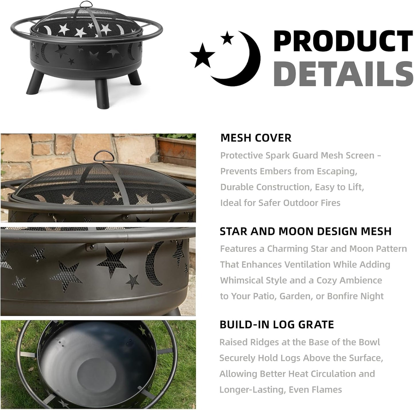 32" Round Wood Burning Fire Pit with Mesh Cover, Fire Poker, Star & Moon Cutouts, Metal Outdoor Firepit for Patio, Backyard, Garden, Bonfire, Camping, Christmas, Thanksgiving, Halloween