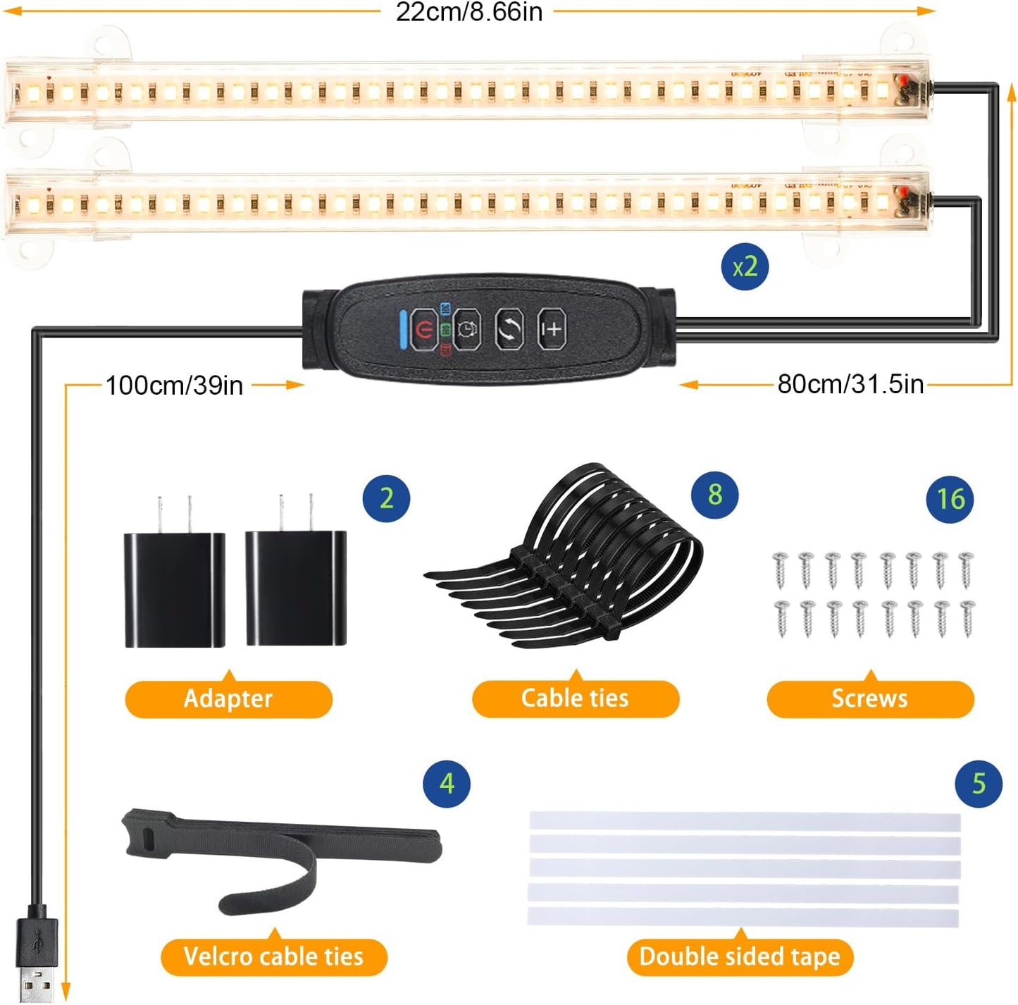 8.6'' Mini Two Strip Growing Lamp for Indoor Plants, 3000K Full Spectrum LED Grow Light Strips with Auto ON/Off 3/9/12H Timer & 10 Dimmable Levels for Green House Succulent (2 Head×2 Pack)