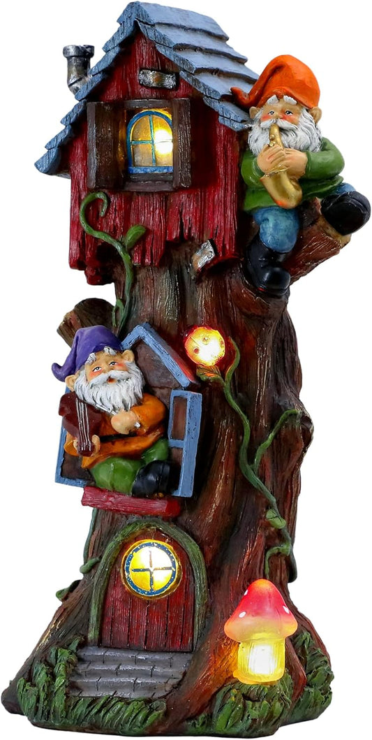 TERESA'S COLLECTIONS 11" Tall Large Garden Statues Gnome Treehouse with Solar Outdoor Light, Garden Sculptures Statues Figurines Resin Garden Decor Lawn Ornaments Patio Yard Decor Gifts for Mom