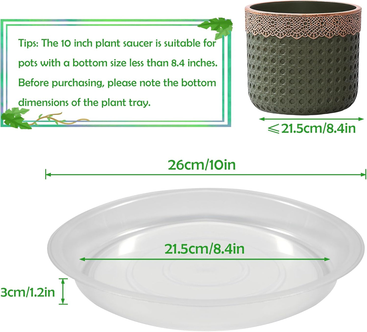 6 Pack 10 Inch Round Plant Saucers for Less 8.4 Inch Pot Indoors Outdoors Plant Trays for Pots Planter Saucer Plastic Plant Drip Tray Planter Water Tray for Potted Plants(Clear, 10"(6pcs))