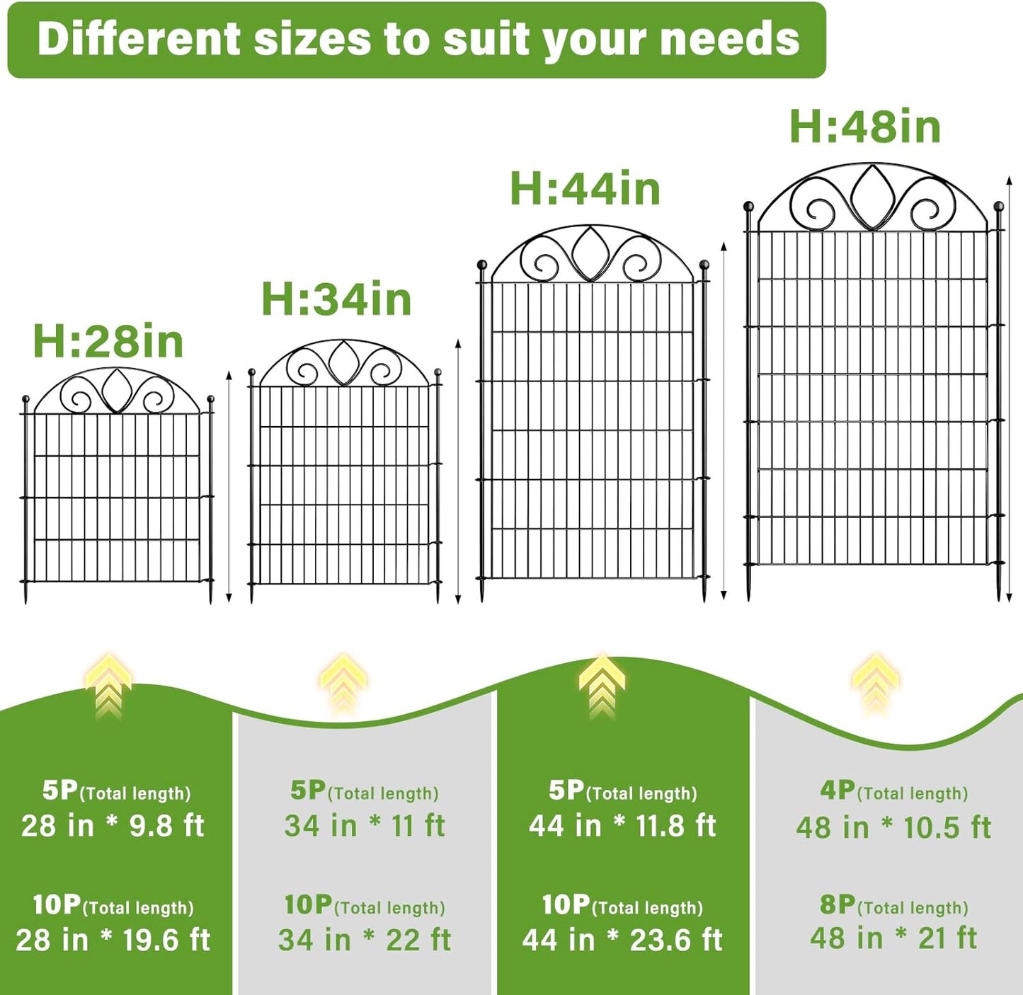 4 Panels No Dig Tall Garden Fence Panel – 48" H X 10.5' L Rustproof Metal Dog Fence Outdoor for Yard, Decorative Animal Barrier Fence for Pet, Garden Border, Patio, Flower Beds| Temporary Fencing