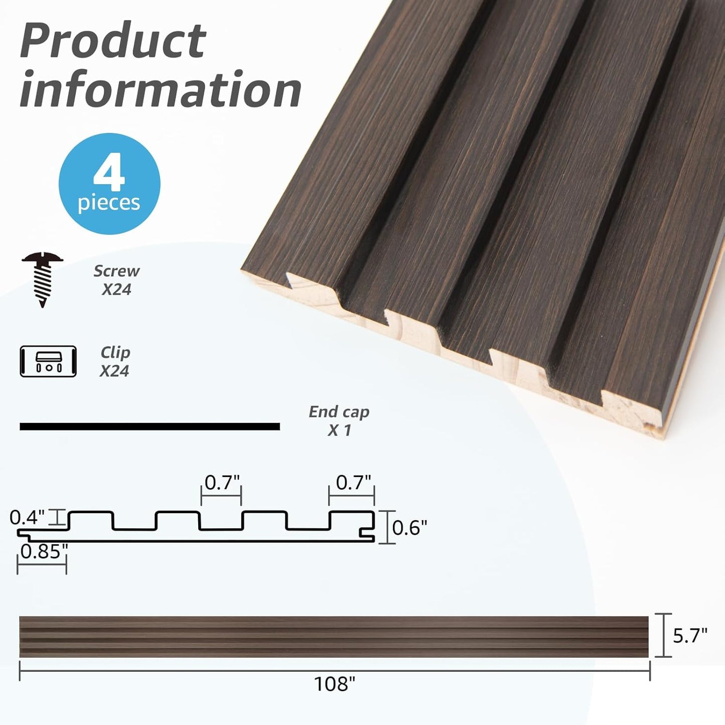 Art3d Slat Wood Wall Paneling for Interior and Ceiling Decoration - Pack of 4pcs + 1pc End-Trim, Size 108 x 5.7in.- Smoked Oak