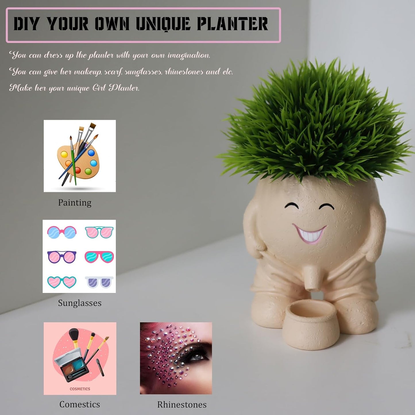 Head Planter, Unique Face Flower Pot Fun Head Vase for Plants for Indoor and Outdoor Décor, Cute Cactus Office Plant Pots