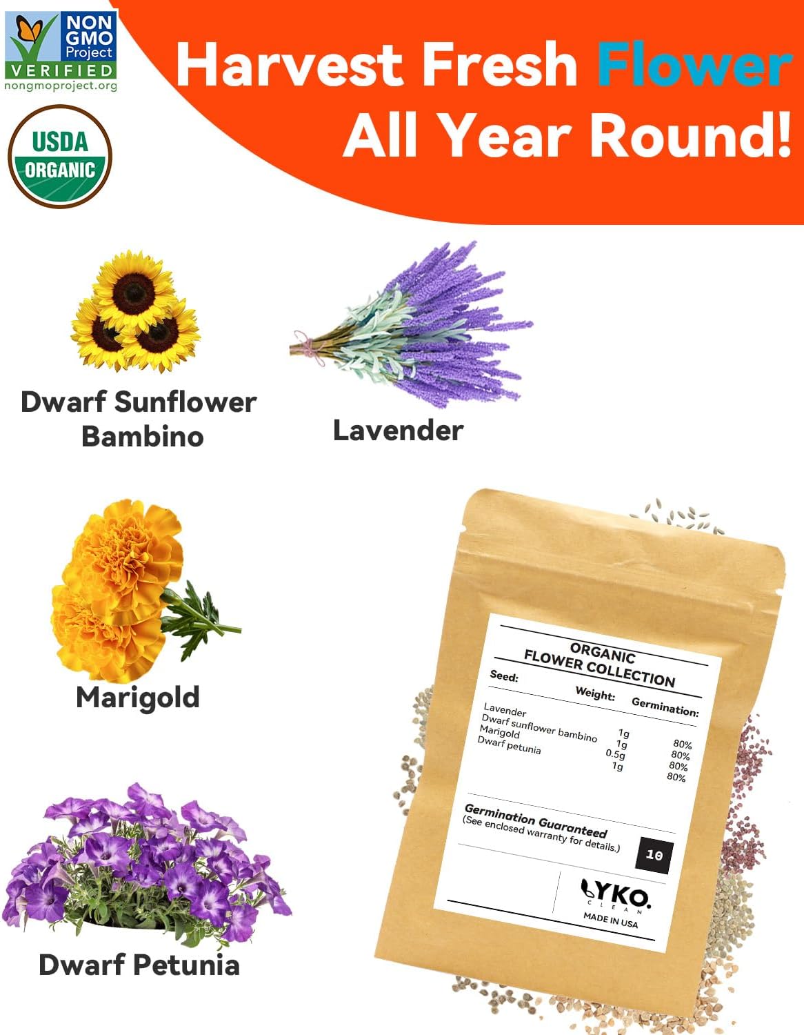 LYKOCLEAN Flower Seed Pod Compatible with AeroGarden Hydroponics Growing System, 8 Pods Indoor Garden Starter Kit with Lavender, Sunflower, Petunia and Marigold