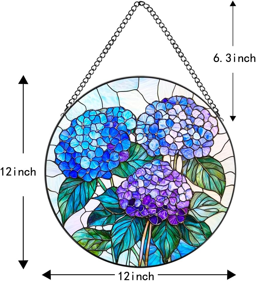 Hydrangea Flower Stained Glass Sun Catcher - Handmade Vibrant Window Hanging Decor with Chain & Hook, Floral Art for Home & Garden, Unique Gift for Women & Plant Lovers (Blue, 14.9*14.9IN)