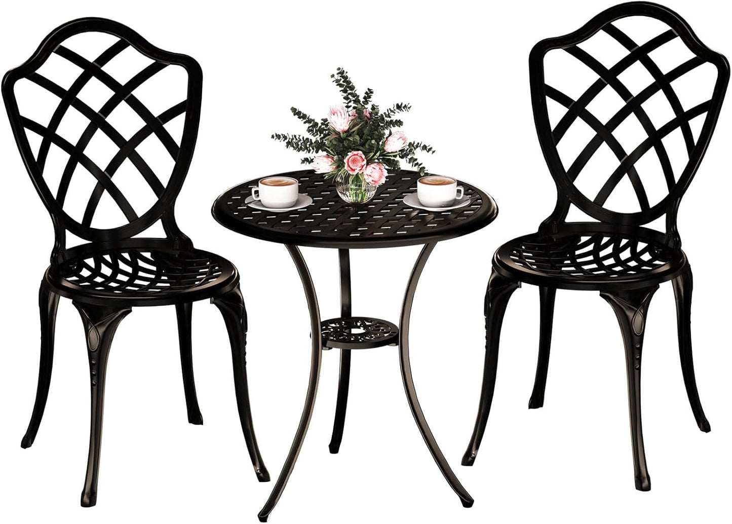 3 Piece Patio Bistro Set, Outdoor Bistro Table and Chairs Set of 2 w/Umbrella Hole, Rust-Resistant Cast Aluminum Bistro Set for Garden/Balcony/Backyard, Bronze