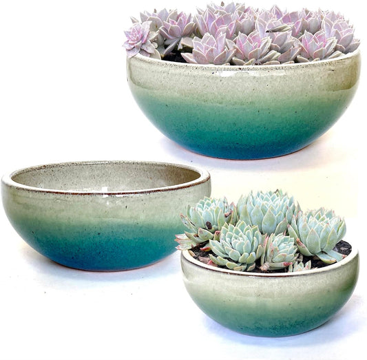 11 9 7 Inch Succulent Pot with Drainage and Mesh Pads Large Round Ceramic Plant Pot for Indoor Outdoor Plants Succulent Planter Cactus Bonsai Pot Container Set of 3 (White Green)