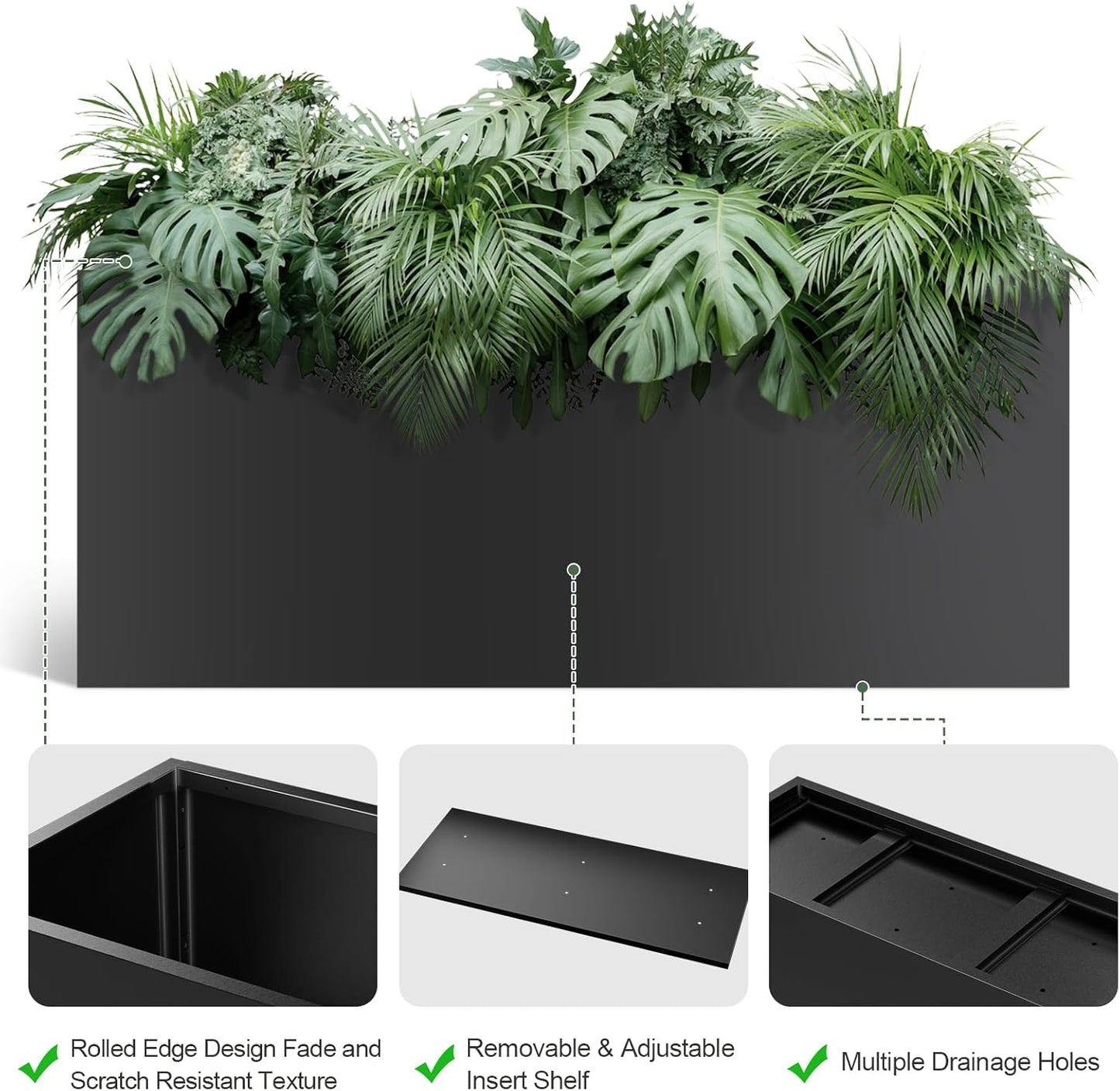 Long Metal Planter Box for Outdoor Plants 15" W x 38" L x 16.25" H, Heavy Duty Steel Rectangular Planter Box with Removable Insert Shelf, Modern Décor for Outside, Indoor, Garden (Black)