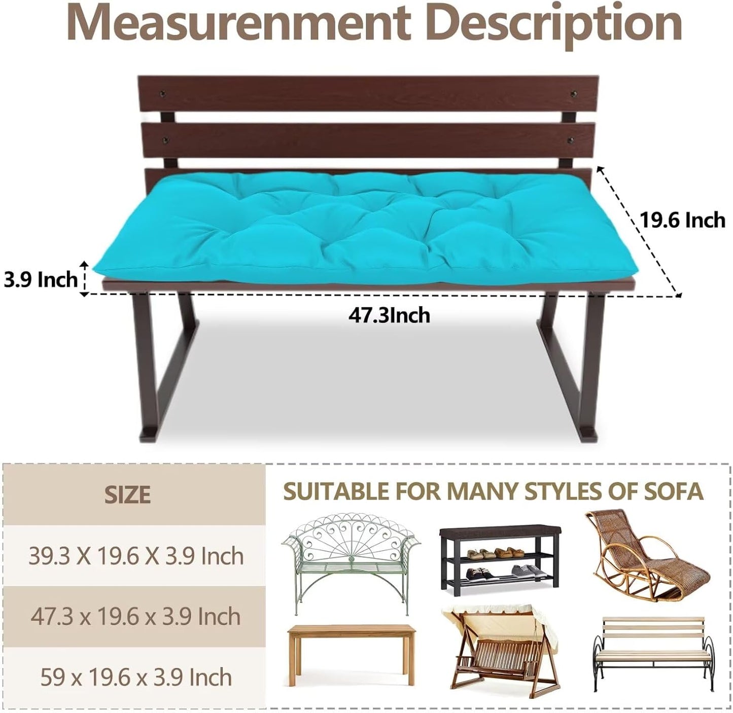 47.3 in Waterproof Indoor/Outdoor Garden Bench Seat Cushions，Thicken Patio Bench Soft Rocking Chairs Pad Lounger Seat for Wicker Loveseat Settee（47.3 X 19.6 X 3.9 in Turquoise）