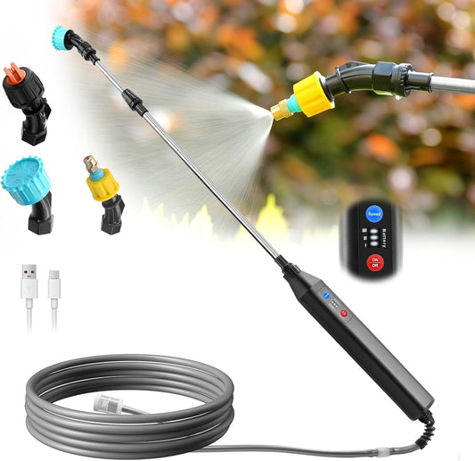 23.6" Battery Powered Sprayer Wand, 2025 Upgraded Electric Sprayer Telescopic Wand with 3 Spray Forces, Battery Indicator, 16.4FT Hose, 3 Mist Nozzles for Lawn and Garden