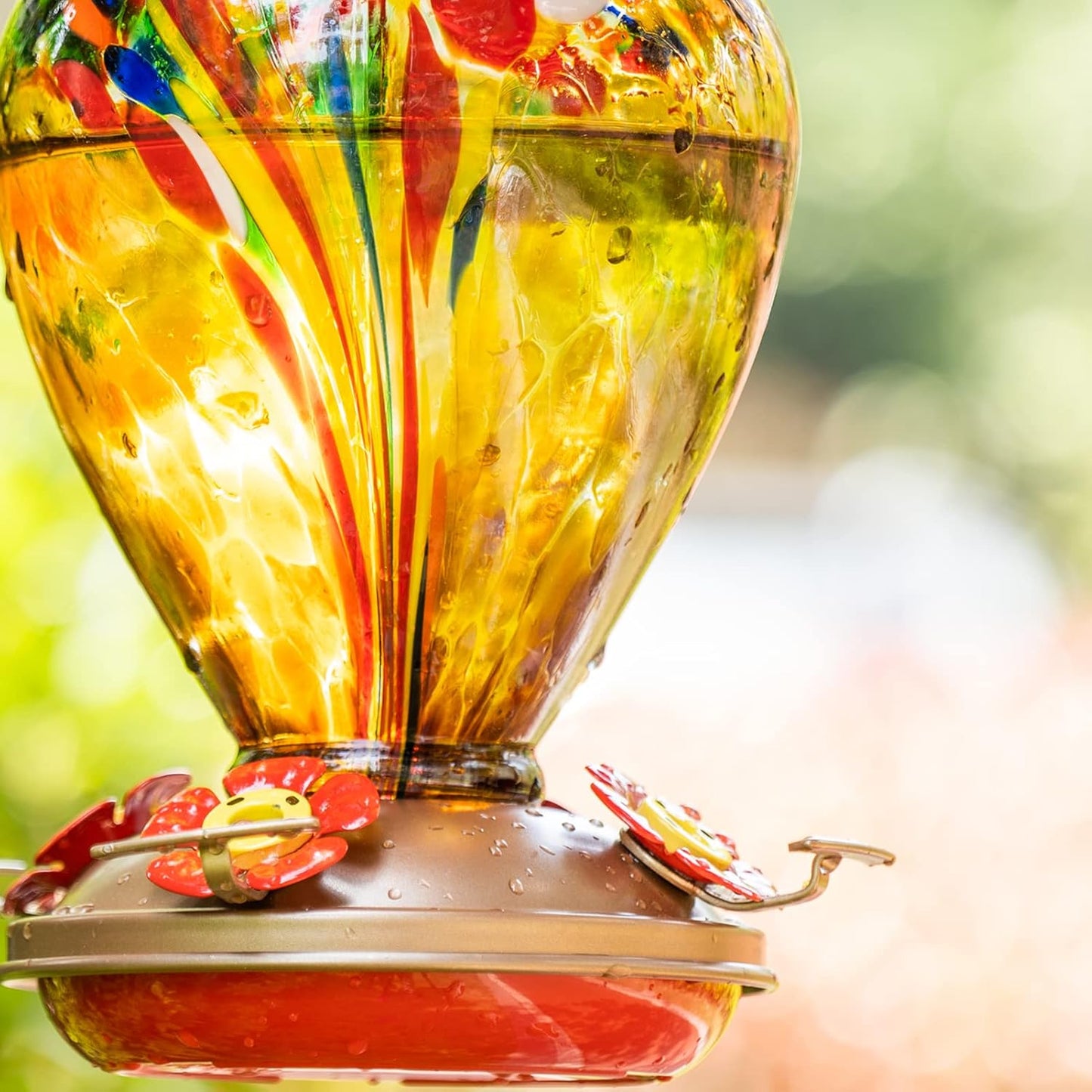 2 Packs Hummingbird Feeder for Outdoors Hanging Ant and Bee Proof, 34OZ 32OZ Hand Blown Glass Hummingbird Feeders for Outside (Yellow & Blue)