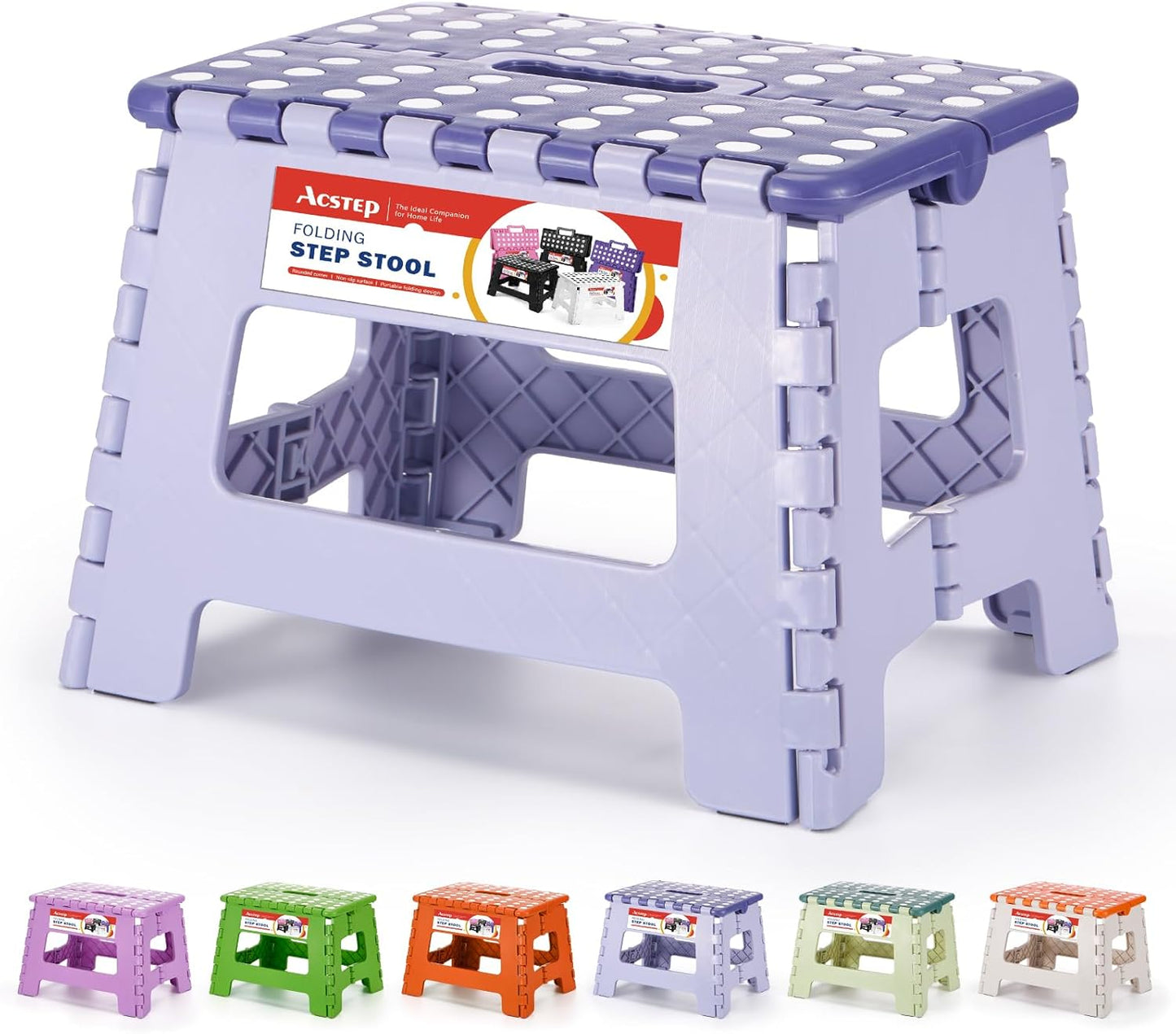 ACSTEP 9 Inch Folding Step Stool 300 LB Capacity Plastic Foldable Step Stools for Kids and Adults, Folding Stool Suitable for Kitchen, Stepping Stool with Handle Bicolor Purple Small Step Stool 1PC