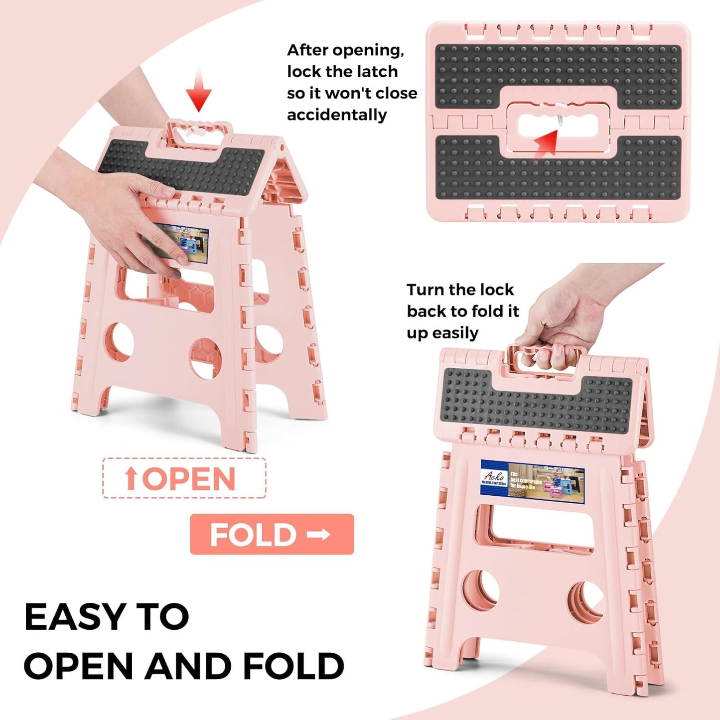 ACKO Folding Step Stool 13 inch Height Premium Heavy Duty Foldable Step Stools for Adults and Kids, Kitchen Plastic Small Collapsible Stepping Stool Hold Up to 300 LB Dot Pink (1 Pack)
