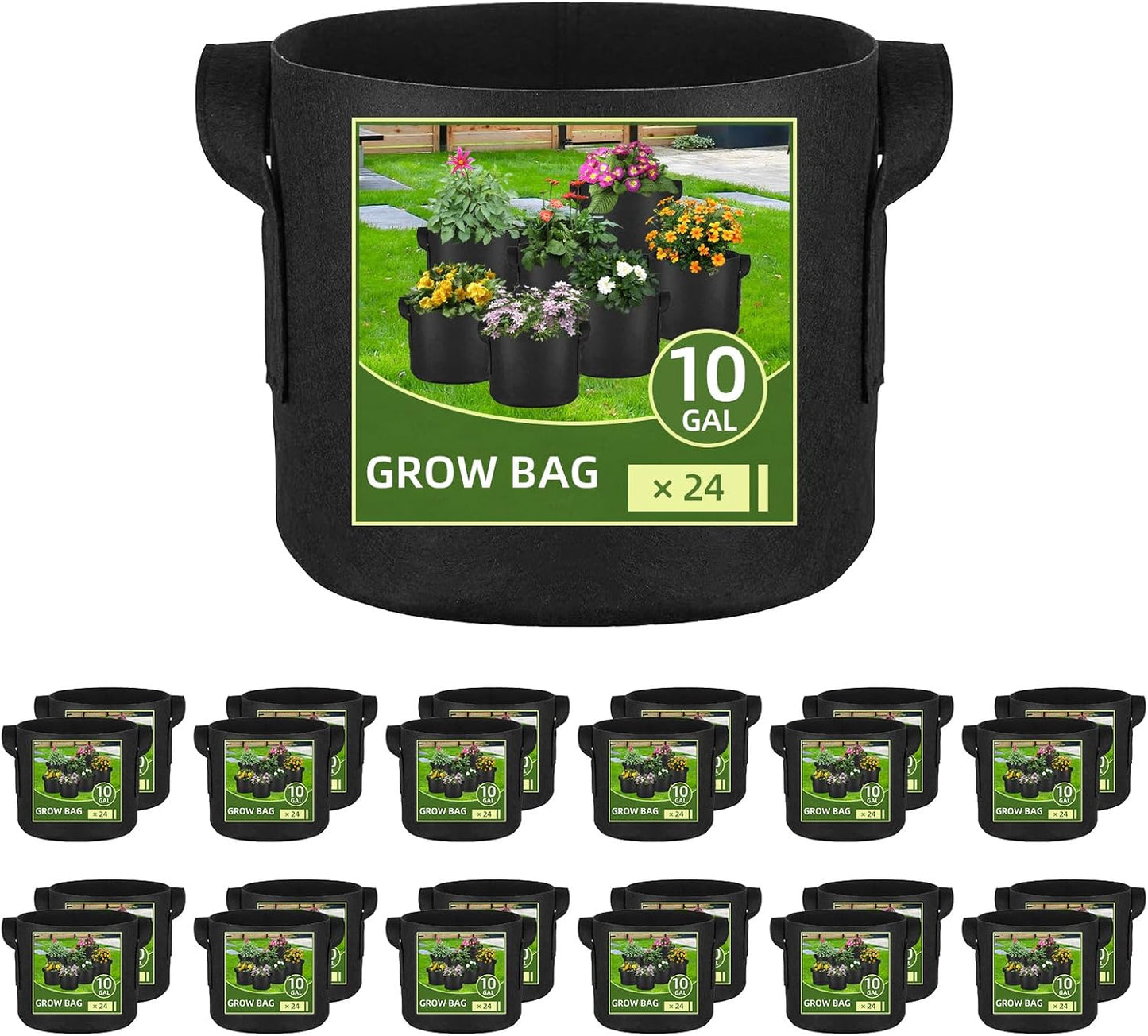 24 Pack 10 Gallon Grow Bags, Heavy Duty Thickened Aeration Fabric Pots with Handles for Vegetable/Flower/Plant