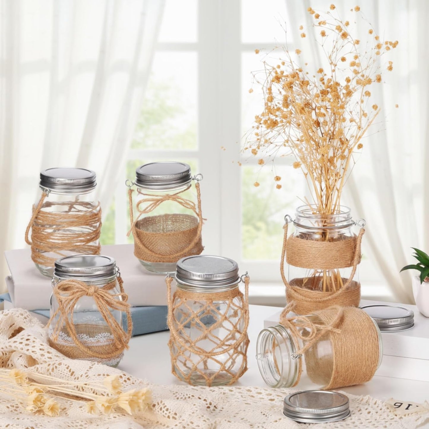 6 Pcs 5 Inch Small Hanging Mason Jars with Handles and Lids Decorative Glass Bottles Rope Net Glass Vase for Home Table Centerpiece Farmhouse Wedding Party decoration