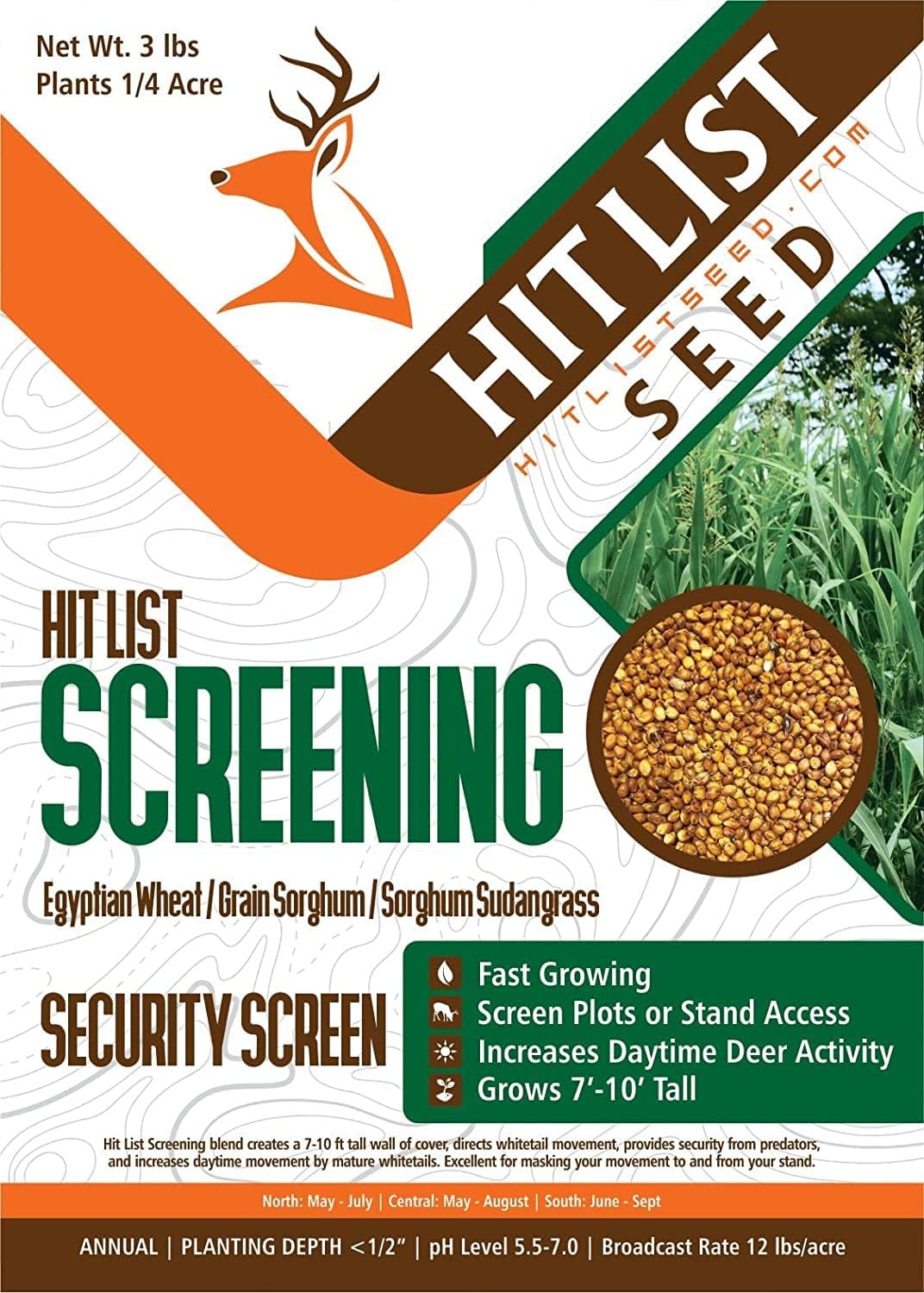 Screening Food Plot Seeds for Deer - Annual Mix - Egyptian Wheat, Sorghum (Grain/Sudangrass) - Spring, Summer & Fall Planting - 3 lbs
